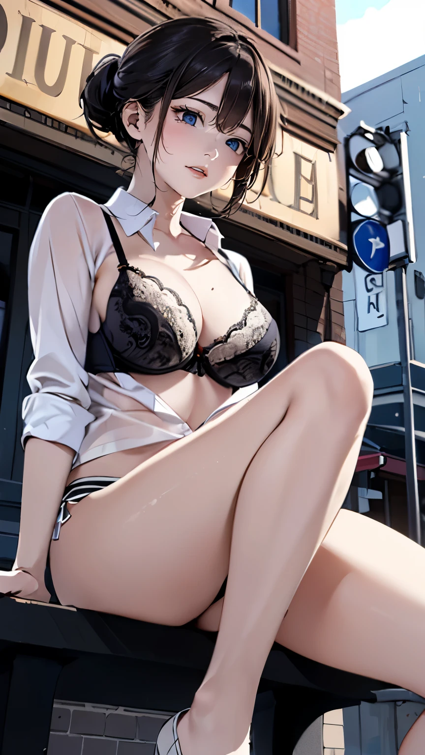 ((super detailed drawing luxury bra high definition images, focusing on her bra image, showing off the bra, slut, unbuttoned blouse)), dark hour of down, downtown area, legs, straddling the bollard, angle from below,