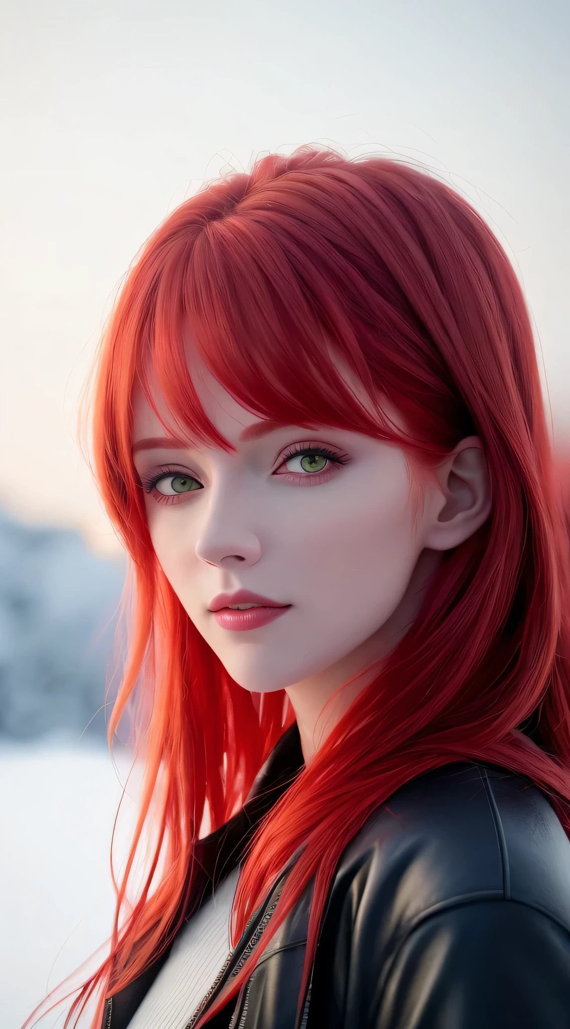 Close-up of a red-haired woman, desenhado no estilo de artistic sprout, IG model | artistic sprout, Alena Aenami e artistic sprout, The ice and snow behind her, Rostland 8K, artistic sprout extremamente detalhado,  Fantasy cyberpunk, art jem style, Realistic art style