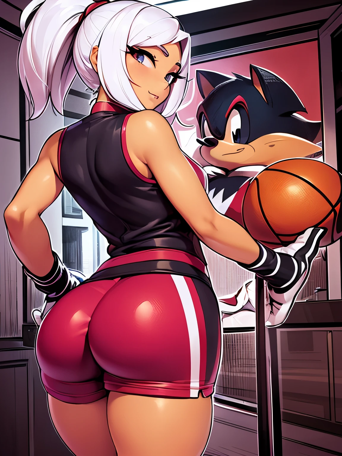 Shadow the hedgehog wearing a miami heat basketball jersey, with his arm around a big booty latina girl.  The big booty latina's butt is facing the camera.  Shadow the hedgehog looks like a cartoon.  The girl looks like a realistic latina.   Man and Woman.  Shadow the Hedgehog wearing a basketball jersey.  Latina girl wearing a skirt