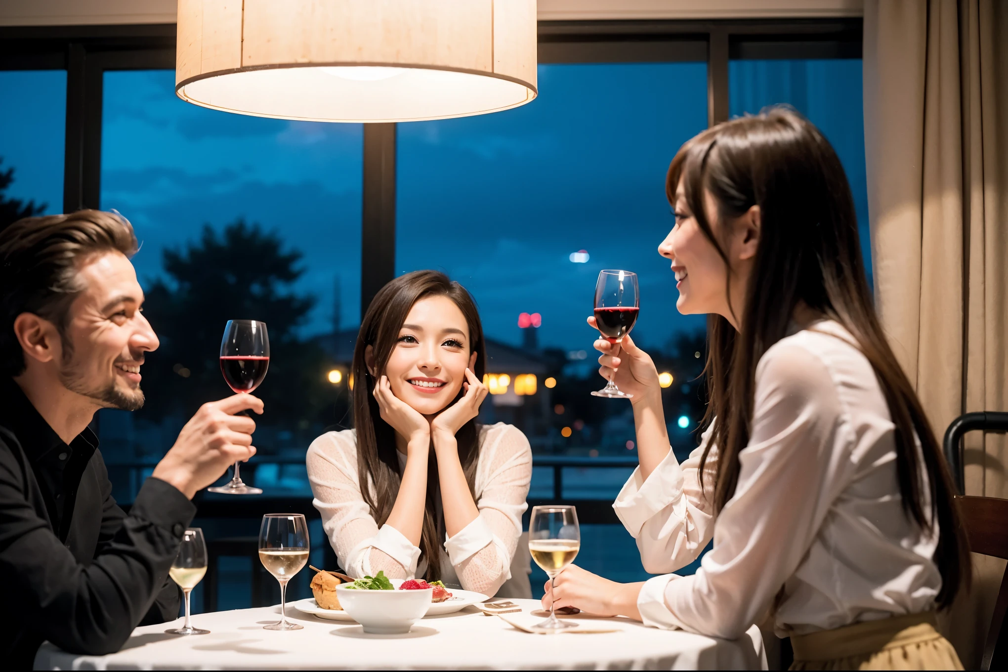 64k, UHD, highest quality, masterpiece: 1.2), (realistic, photorealistic: 1.37),やわらかなsmile、kind expression、 Super detailed, celebration party、beauty、Charm、beautiful mature woman、3 women who love wine、three men、champagne、Sparkling wine、winter night、restaurantでワイン宴会、(slimな男女4名),(Wine party for 5 people)、(slimフェイス),Happy、 最高なsmile、Fox Face、Berry Short、(because I&#39;thin), (brown hair), (shortcut), long sleeve shirt、winter fashion、Colombia、Brazilian、Japanese、Dutch、German、Portuguese、Belgian、Italian、french, (gushing), (slimボティ), (brown hair), (shortcut), 端正なbeauty、cheeks blush a little, (41 years old), 38 years old, 35 years old、32 years old、 A beautiful and detailed night view spreads out outside the window........, restaurant, wine glassが座っている, At night, in a prominent place (from the Upper body) nova frog style, actress, model, Upper body, White wine, slim, wine glass, very beautiful night view, wine glass Put in the Middle, Happy smile, (smile: 1.15), 