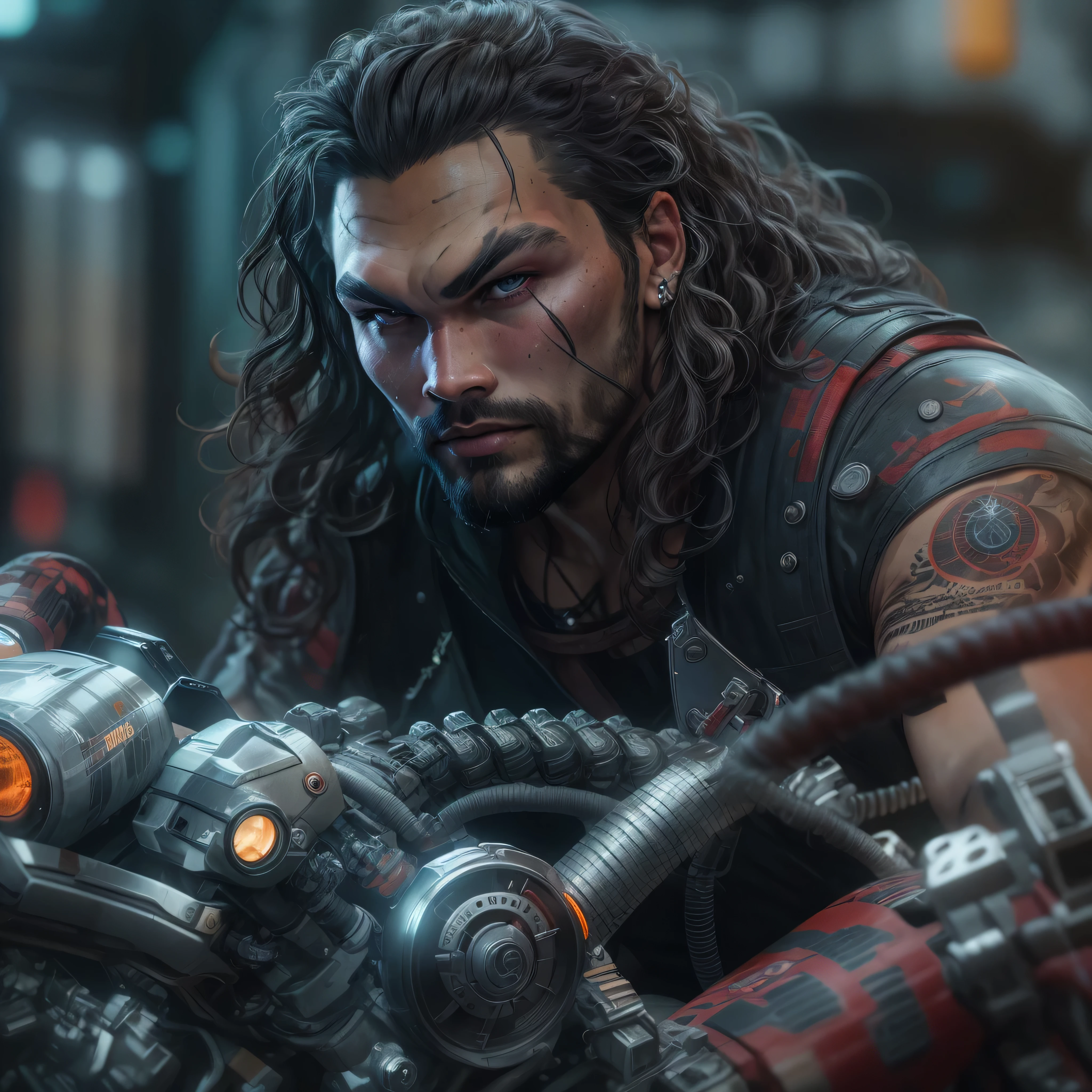 half body image, a photo of Jason Momoa as Lobo from DC comics, (((pale skin))), red eyes, on space sci-fi cyberpunk motorcycle, Intricate, High Detail, Sharp focus, dramatic, photorealistic digital art, photo-realistic, octane render, unreal engine, ultra-realistic