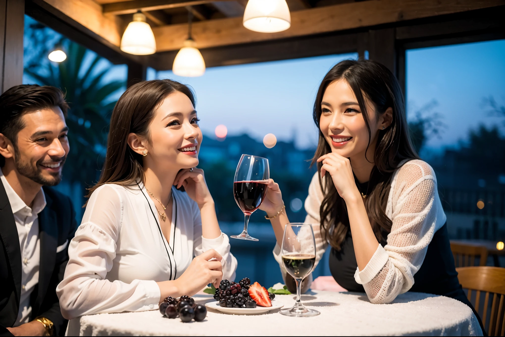 64k, UHD, highest quality, masterpiece: 1.2), (realistic, photorealistic: 1.37),やわらかなsmile、kind expression、 Super detailed, celebration party、beauty、Charm、beautiful mature woman、3 women who love wine、three men、champagne、Sparkling wine、winter night、restaurantでワイン宴会、(slimな男女4名),(Wine party for 5 people)、(slimフェイス),Happy、 最高なsmile、Fox Face、Berry Short、(because I'thin), (brown hair), (shortcut), long sleeve shirt、winter fashion、Colombia、Brazilian、Japanese、Dutch、German、Portuguese、Belgian、Italian、french, (gushing), (slimボティ), (brown hair), (shortcut), 端正なbeauty、cheeks blush a little, (41 years old), 38 years old, 35 years old、32 years old、 A beautiful and detailed night view spreads out outside the window........, restaurant, wine glassが座っている, At night, in a prominent place (from the Upper body) nova frog style, actress, model, Upper body, White wine, slim, wine glass, very beautiful night view, wine glass Put in the Middle, Happy smile, (smile: 1.15),