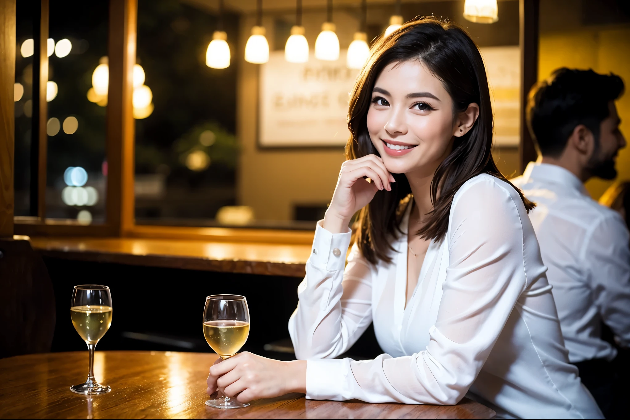 64k, UHD, highest quality, masterpiece: 1.2), (realistic, photorealistic: 1.37),やわらかなsmile、kind expression、 Super detailed, celebration party、beauty、Charm、beautiful mature woman、3 women who love wine、three men、champagne、Sparkling wine、winter night、restaurantでワイン宴会、(slimな男女4名),(Wine party for 5 people)、(slimフェイス),Happy、 最高なsmile、Fox Face、Berry Short、(because I'thin), (brown hair), (shortcut), long sleeve shirt、winter fashion、Colombia、Brazilian、Japanese、Dutch、German、Portuguese、Belgian、Italian、french, (gushing), (slimボティ), (brown hair), (shortcut), 端正なbeauty、cheeks blush a little, (41 years old), 38 years old, 35 years old、32 years old、 A beautiful and detailed night view spreads out outside the window........, restaurant, wine glassが座っている, At night, in a prominent place (from the Upper body) nova frog style, actress, model, Upper body, White wine, slim, wine glass, very beautiful night view, wine glass Put in the Middle, Happy smile, (smile: 1.15),