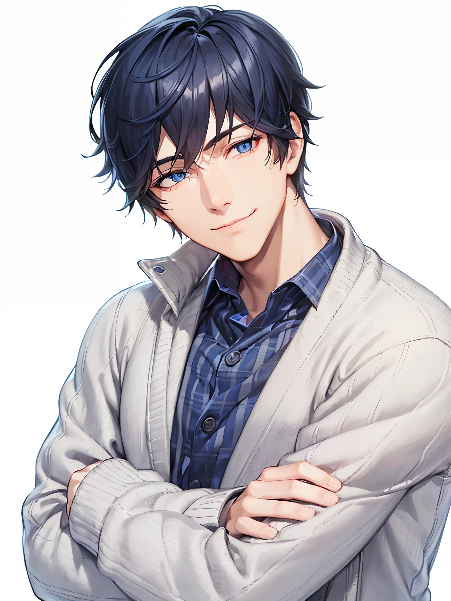 a handsome guy,Blue-black hair、blue eyes、He is wearing a checked cardigan and has his arms crossed.、Highly detailed CG Unity 8K wallpaper, (super masterpiece, Beautiful person, detailed face、Dirty smile, realistic, surreal),