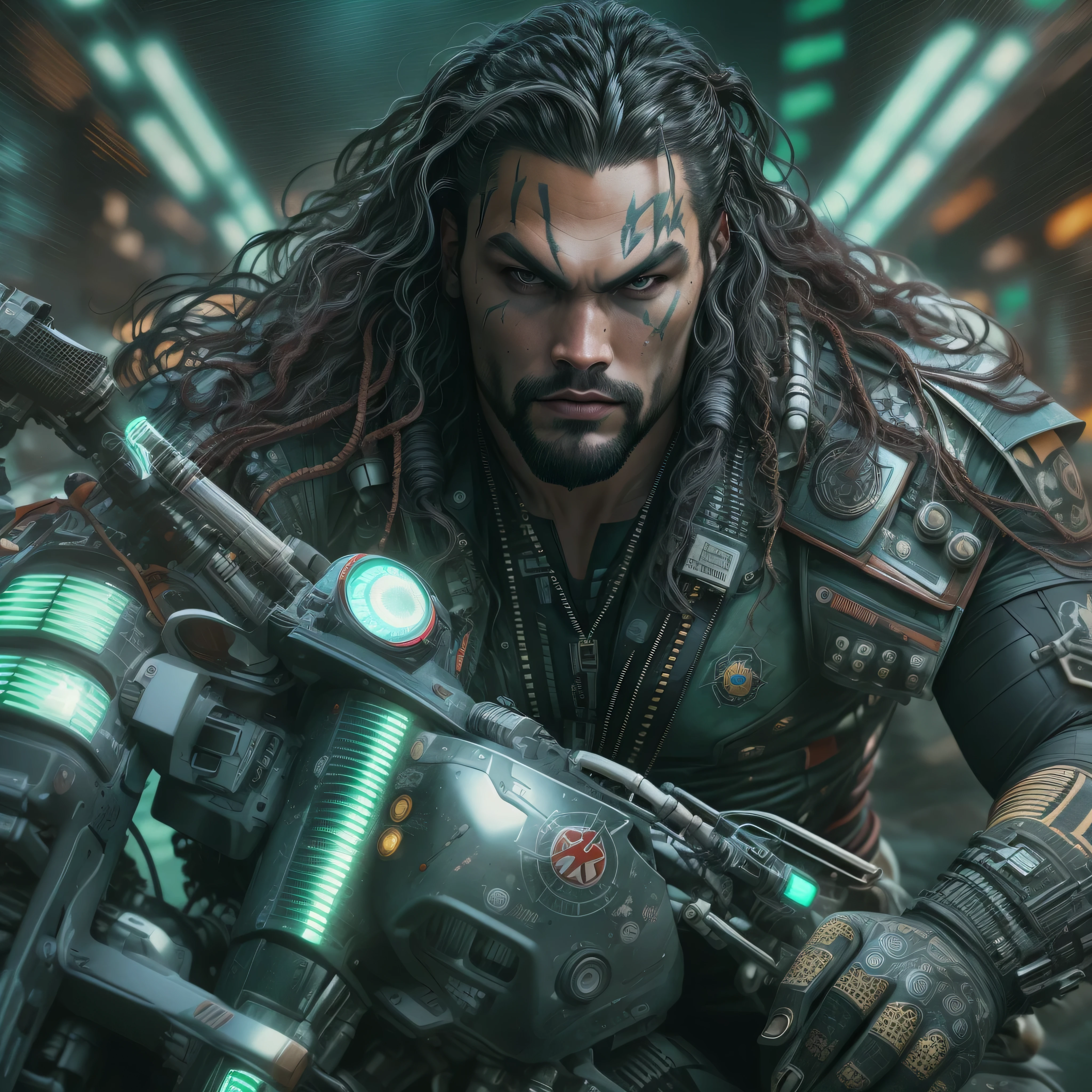 half body image, a photo of Jason Momoa as Lobo from DC comics, on space sci-fi cyberpunk motorcycle, Intricate, High Detail, Sharp focus, dramatic, photorealistic digital art, photo-realistic, octane render, unreal engine, ultra-realistic