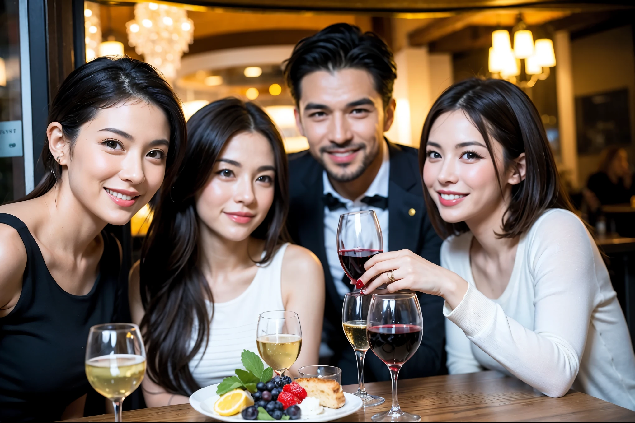 64k, UHD, highest quality, masterpiece: 1.2), (realistic, photorealistic: 1.37),やわらかなsmile、kind expression、 Super detailed, celebration party、beauty、Charm、beautiful mature woman、3 women who love wine、three men、champagne、Sparkling wine、winter night、restaurantでワイン宴会、(slimな男女4名),(Wine party for 5 people)、(slimフェイス),Happy、 最高なsmile、Fox Face、Berry Short、(because I&#39;thin), (brown hair), (shortcut), long sleeve shirt、winter fashion、Colombia、Brazilian、Japanese、Dutch、German、Portuguese、Belgian、Italian、french, (gushing), (slimボティ), (brown hair), (shortcut), 端正なbeauty、cheeks blush a little, (41 years old), 38 years old, 35 years old、32 years old、 A beautiful and detailed night view spreads out outside the window........, restaurant, wine glassが座っている, At night, in a prominent place (from the Upper body) nova frog style, actress, model, Upper body, White wine, slim, wine glass, very beautiful night view, wine glass Put in the Middle, Happy smile, (smile: 1.15), 