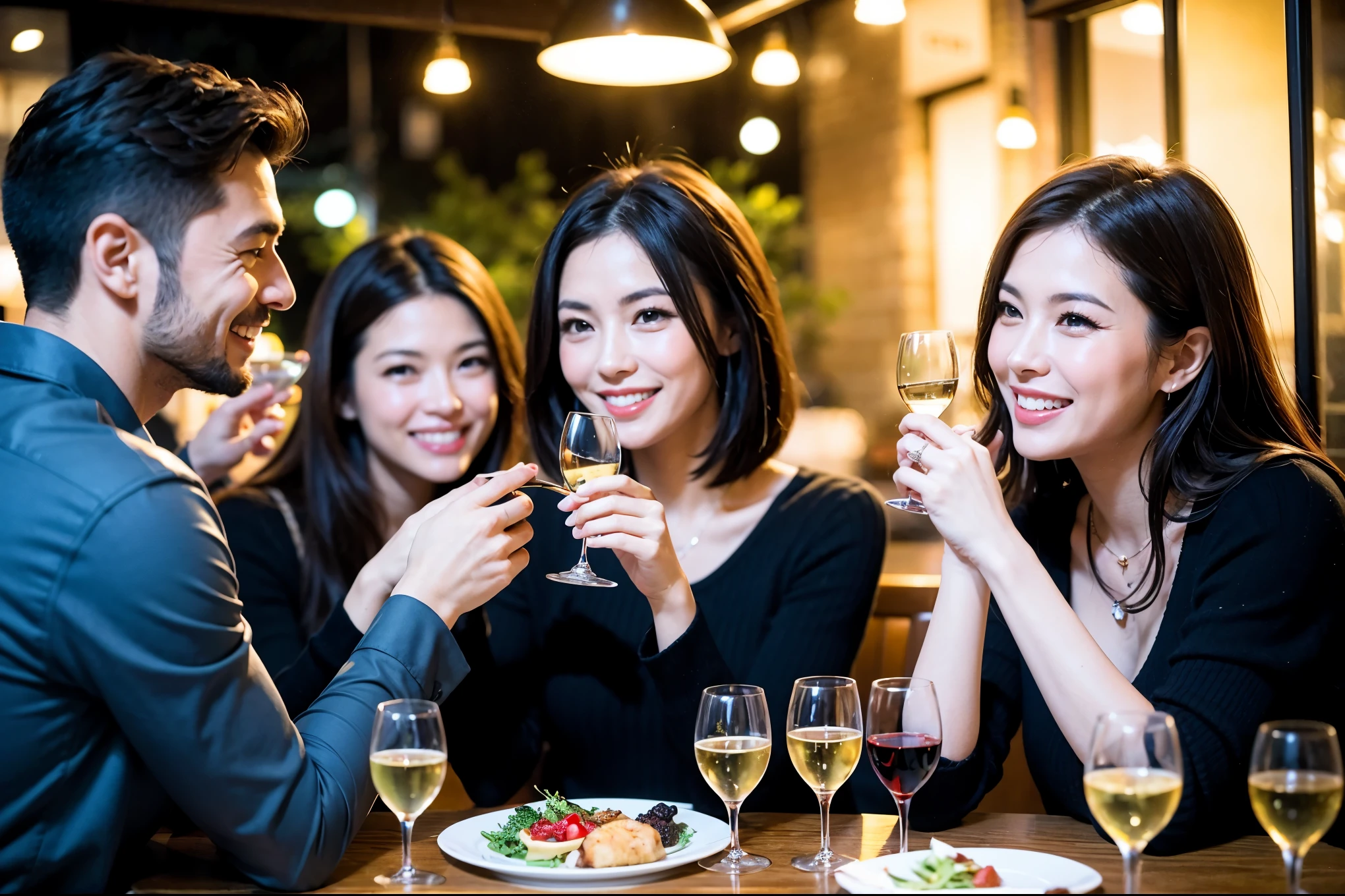 64k, UHD, highest quality, masterpiece: 1.2), (realistic, photorealistic: 1.37),やわらかなsmile、kind expression、 Super detailed, celebration party、beauty、Charm、beautiful mature woman、3 women who love wine、three men、champagne、Sparkling wine、winter night、restaurantでワイン宴会、(slimな男女4名),(Wine party for 5 people)、(slimフェイス),Happy、 最高なsmile、Fox Face、Berry Short、(because I'thin), (brown hair), (shortcut), long sleeve shirt、winter fashion、Colombia、Brazilian、Japanese、Dutch、German、Portuguese、Belgian、Italian、french, (gushing), (slimボティ), (brown hair), (shortcut), 端正なbeauty、cheeks blush a little, (41 years old), 38 years old, 35 years old、32 years old、 A beautiful and detailed night view spreads out outside the window........, restaurant, wine glassが座っている, At night, in a prominent place (from the Upper body) nova frog style, actress, model, Upper body, White wine, slim, wine glass, very beautiful night view, wine glass Put in the Middle, Happy smile, (smile: 1.15),