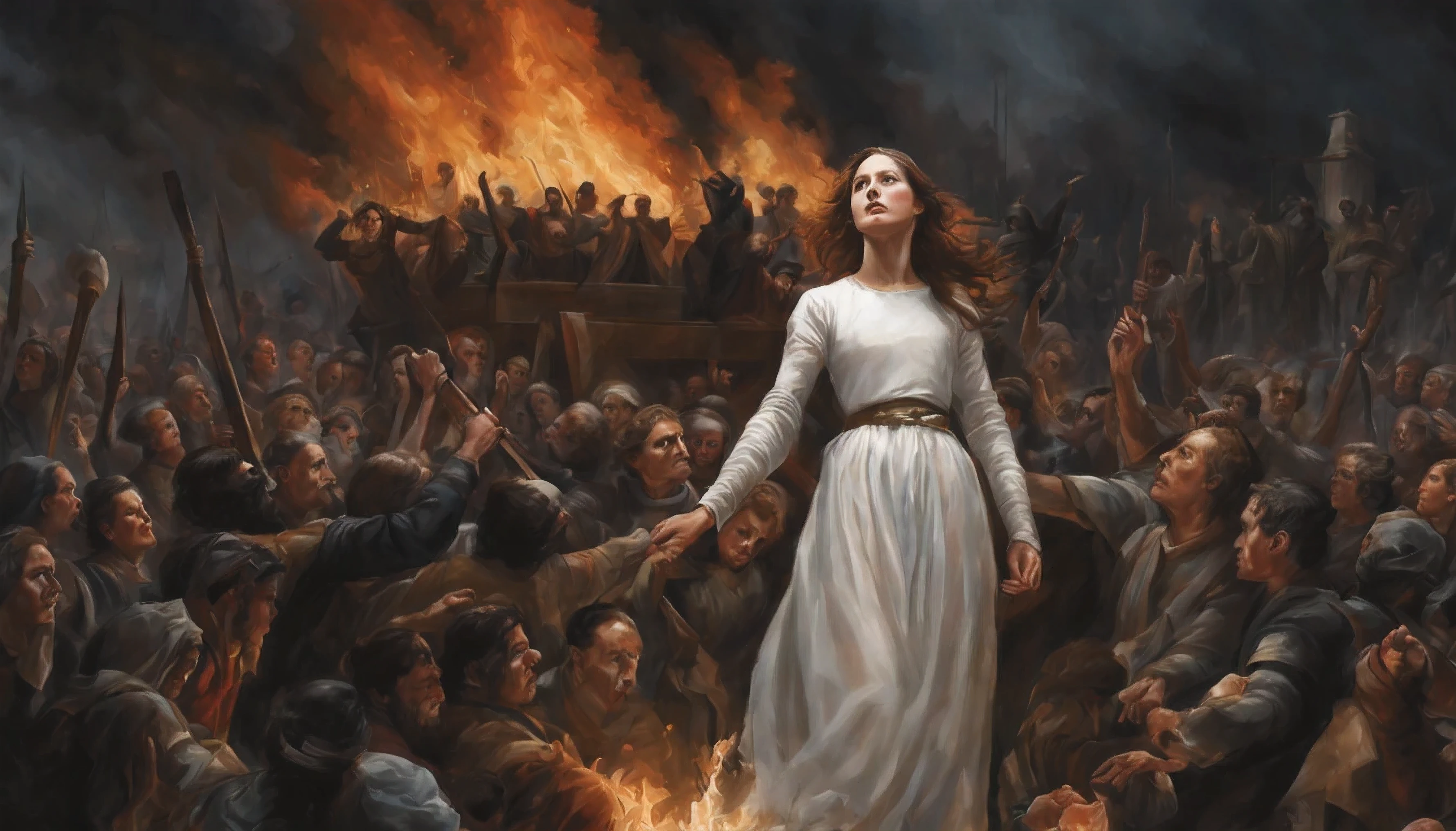 Joan of Arc is bound to a large pyre on a raised platform, around her there are a lot of townspeople, some townspeople are shouting, some townspeople are praying, her body is half engulfed in flames, wearing a white gown, she has black short hair without bangs, staring serenely at the sky, pale skin, dramatic lighting, dark weather, dark tones, super detailed, realistic, these are her final moments.
