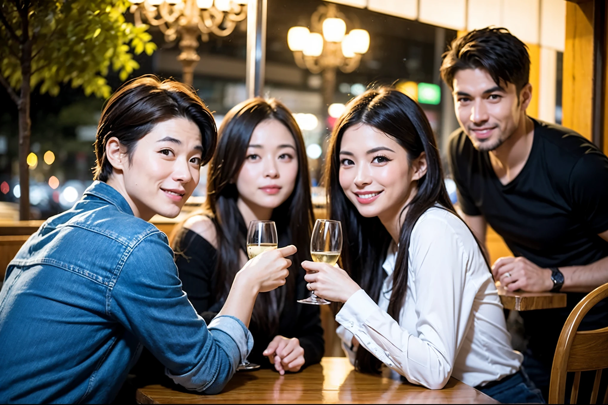 64k, UHD, highest quality, masterpiece: 1.2), (realistic, photorealistic: 1.37),やわらかなsmile、kind expression、 Super detailed, celebration party、beauty、Charm、beautiful mature woman、3 women who love wine、three men、champagne、Sparkling wine、winter night、restaurantでワイン宴会、(slimな男女4名),(Wine party for 5 people)、(slimフェイス),Happy、 最高なsmile、Fox Face、Berry Short、(because I'thin), (brown hair), (shortcut), long sleeve shirt、winter fashion、Colombia、Brazilian、Japanese、Dutch、German、Portuguese、Belgian、Italian、french, (gushing), (slimボティ), (brown hair), (shortcut), 端正なbeauty、cheeks blush a little, (41 years old), 38 years old, 35 years old、32 years old、 A beautiful and detailed night view spreads out outside the window........, restaurant, wine glassが座っている, At night, in a prominent place (from the Upper body) nova frog style, actress, model, Upper body, White wine, slim, wine glass, very beautiful night view, wine glass Put in the Middle, Happy smile, (smile: 1.15),