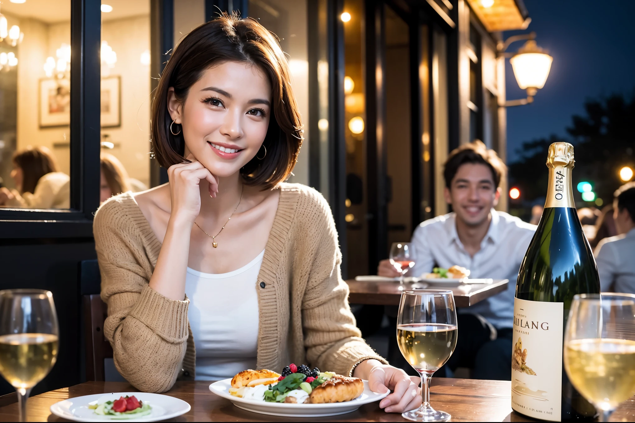 64k, UHD, highest quality, masterpiece: 1.2), (realistic, photorealistic: 1.37),やわらかなsmile、kind expression、 Super detailed, celebration party、beauty、Charm、beautiful mature woman、3 women who love wine、three men、champagne、Sparkling wine、winter night、restaurantでワイン宴会、(slimな男女4名),(Wine party for 5 people)、(slimフェイス),Happy、 最高なsmile、Fox Face、Berry Short、(because I'thin), (brown hair), (shortcut), long sleeve shirt、winter fashion、Colombia、Brazilian、Japanese、Dutch、German、Portuguese、Belgian、Italian、french, (gushing), (slimボティ), (brown hair), (shortcut), 端正なbeauty、cheeks blush a little, (41 years old), 38 years old, 35 years old、32 years old、 A beautiful and detailed night view spreads out outside the window........, restaurant, wine glassが座っている, At night, in a prominent place (from the Upper body) nova frog style, actress, model, Upper body, White wine, slim, wine glass, very beautiful night view, wine glass Put in the Middle, Happy smile, (smile: 1.15),