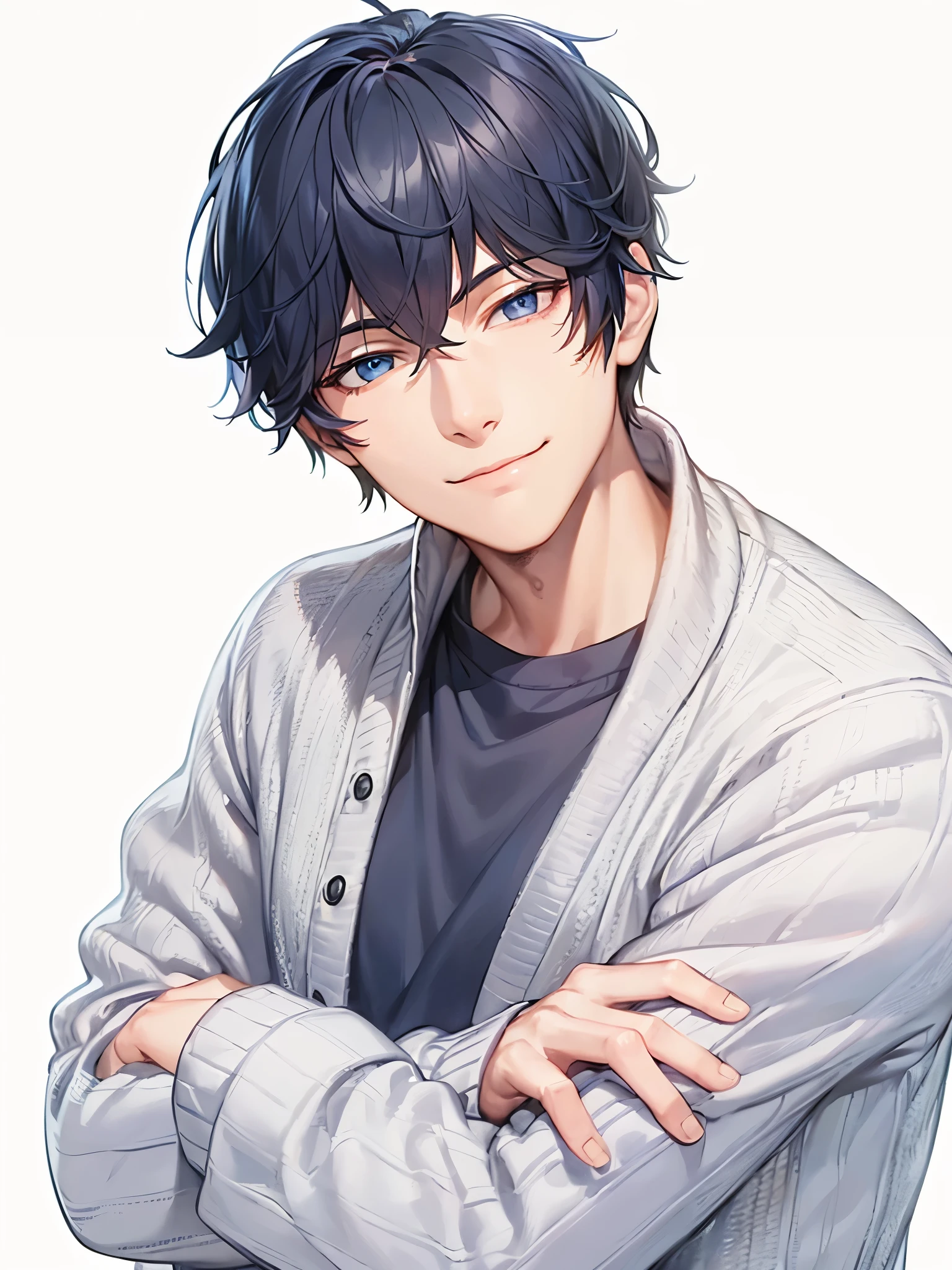 a handsome guy,Blue-black hair、blue eyes、He is wearing a checked cardigan and has his arms crossed.、Highly detailed CG Unity 8K wallpaper, (super masterpiece, Beautiful person, detailed face、Dirty smile, realistic, surreal),