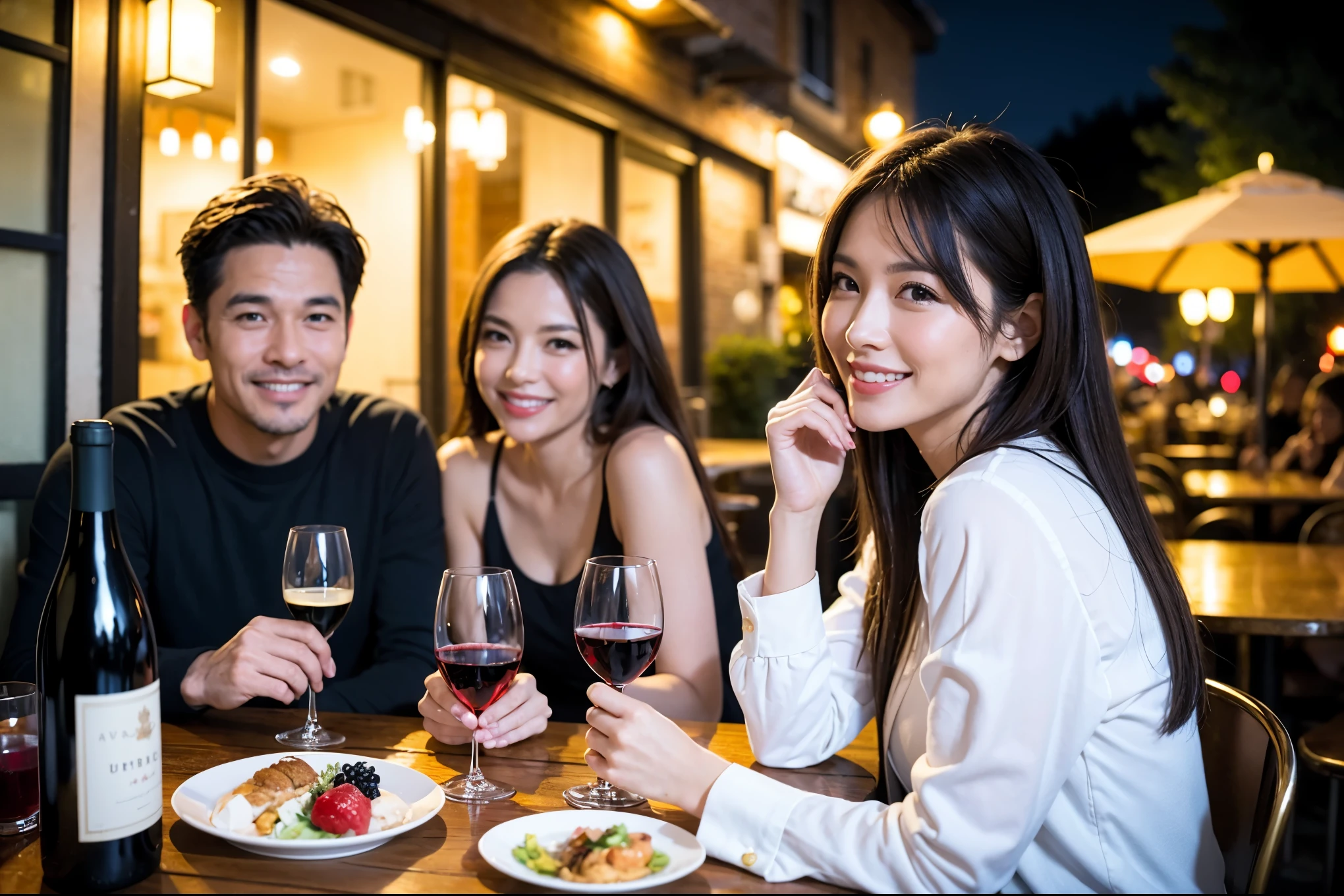 64k, UHD, highest quality, masterpiece: 1.2), (realistic, photorealistic: 1.37),やわらかなsmile、kind expression、 Super detailed, celebration party、beauty、Charm、beautiful mature woman、3 women who love wine、three men、champagne、Sparkling wine、winter night、restaurantでワイン宴会、(slimな男女4名),(Wine party for 5 people)、(slimフェイス),Happy、 最高なsmile、Fox Face、Berry Short、(because I'thin), (brown hair), (shortcut), long sleeve shirt、winter fashion、Colombia、Brazilian、Japanese、Dutch、German、Portuguese、Belgian、Italian、french, (gushing), (slimボティ), (brown hair), (shortcut), 端正なbeauty、cheeks blush a little, (41 years old), 38 years old, 35 years old、32 years old、 A beautiful and detailed night view spreads out outside the window........, restaurant, wine glassが座っている, At night, in a prominent place (from the Upper body) nova frog style, actress, model, Upper body, White wine, slim, wine glass, very beautiful night view, wine glass Put in the Middle, Happy smile, (smile: 1.15),