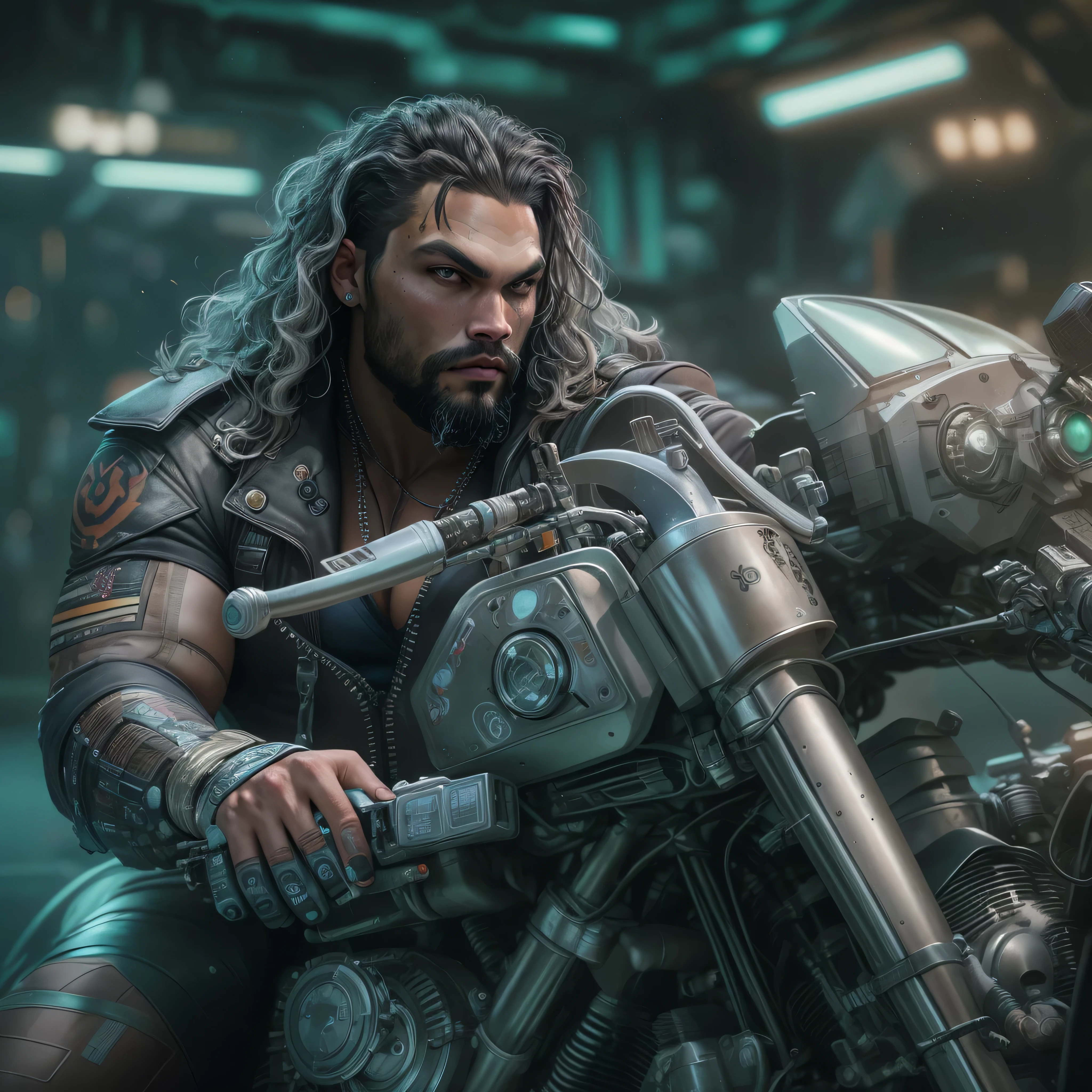 half body image, a photo of Jason Momoa as Lobo from DC comics, on space sci-fi cyberpunk motorcycle, Intricate, High Detail, Sharp focus, dramatic, photorealistic digital art, photo-realistic, octane render, unreal engine, ultra-realistic