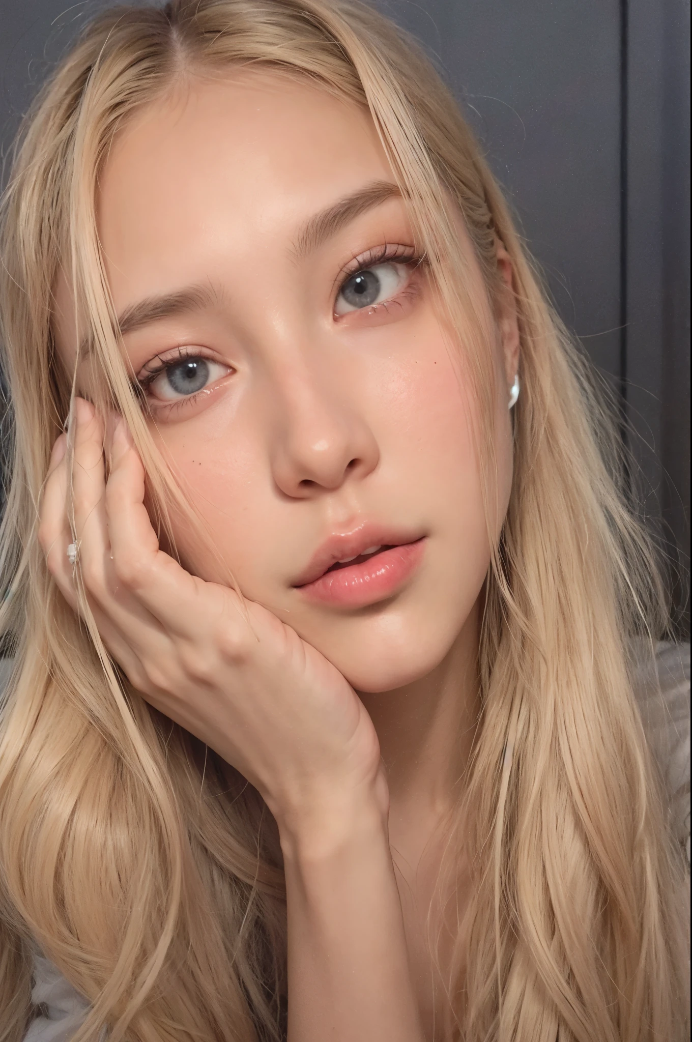 a close-up of a woman with long blonde hair and pink lips, face like exposed ester, flawless face, glowing peach face, rosto sexy with full makeup, rosto lindo, rosto perfeito ), Rosto extremamente lindo, rosto perfeito, rosto sexy, light pink thin lips, rosto perfeitamente iluminado, pele brilhante, detailed and rosto perfeito, detailed rosto perfeito, rosto perfeito, blackpink jennie