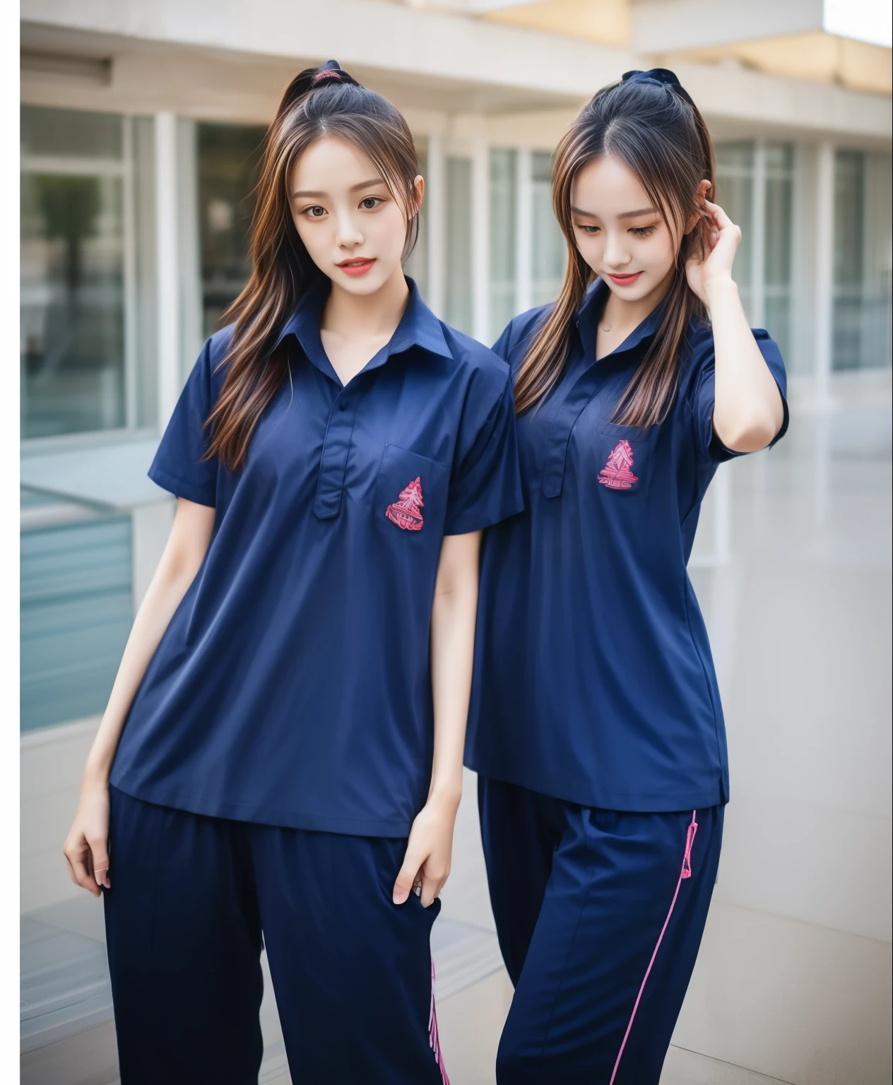 3 girls in fitness center, Navy blue short-sleeved shirt,Navy Long Trackpant,Sweatpants, Sweatpantsขายาว,25 year old girl, lesbian, sexy, exercise clothes, wet body, exercise clothes