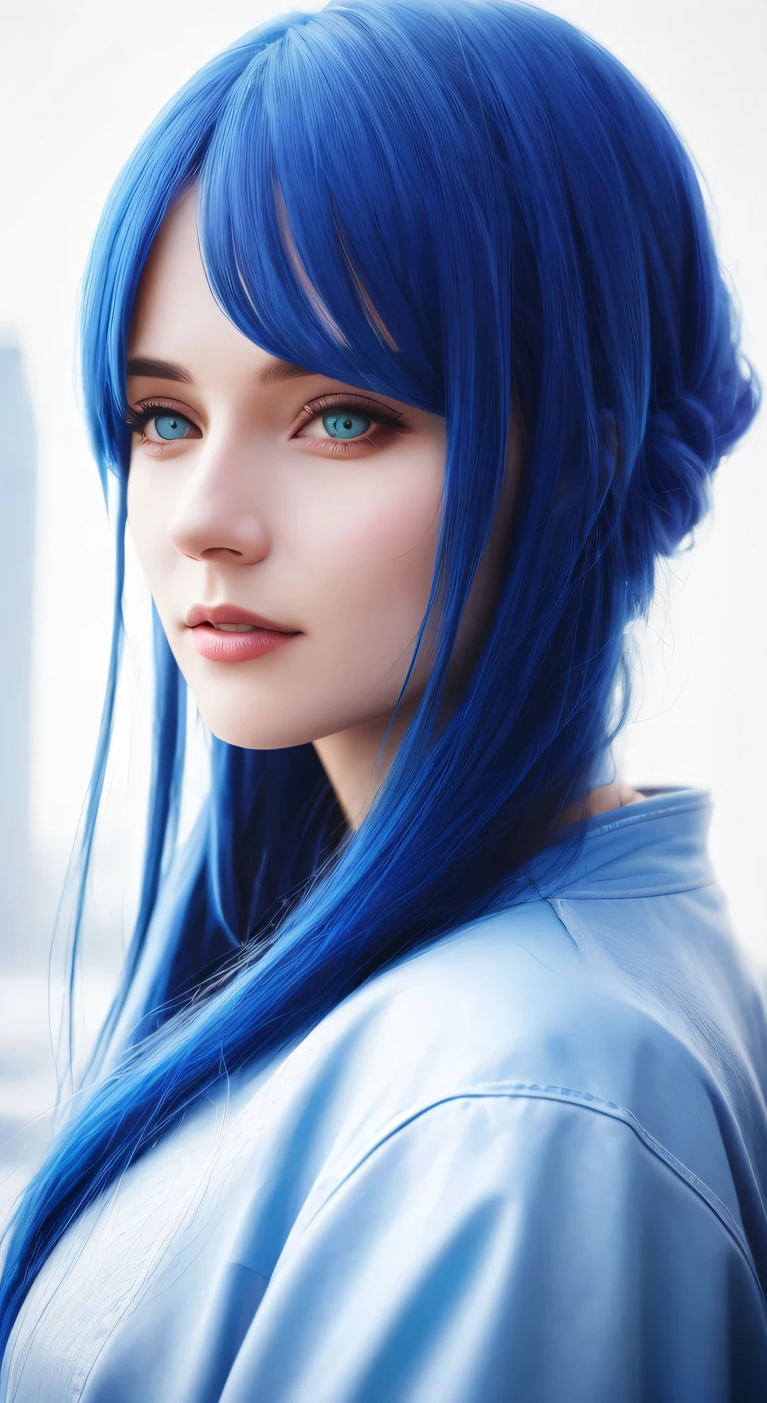 Close-up of a blue-haired woman, desenhado no estilo de artistic sprout, IG model | artistic sprout, Alena Aenami e artistic sprout, The ice and snow behind her, Rostland 8K, artistic sprout extremamente detalhado,  Fantasy cyberpunk, art jem style, Realistic art style