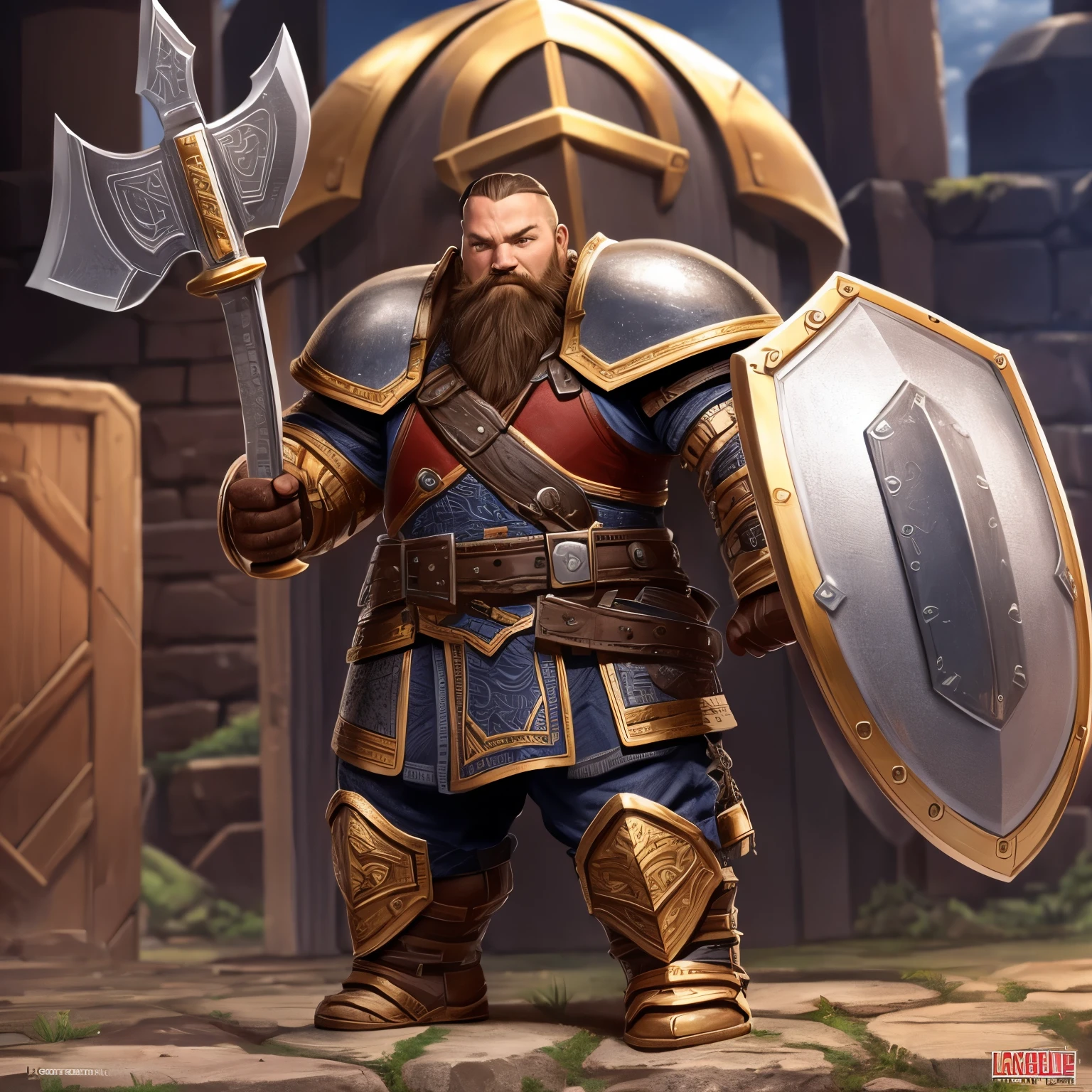 Dwarf male paladin with a Giant shield and axe