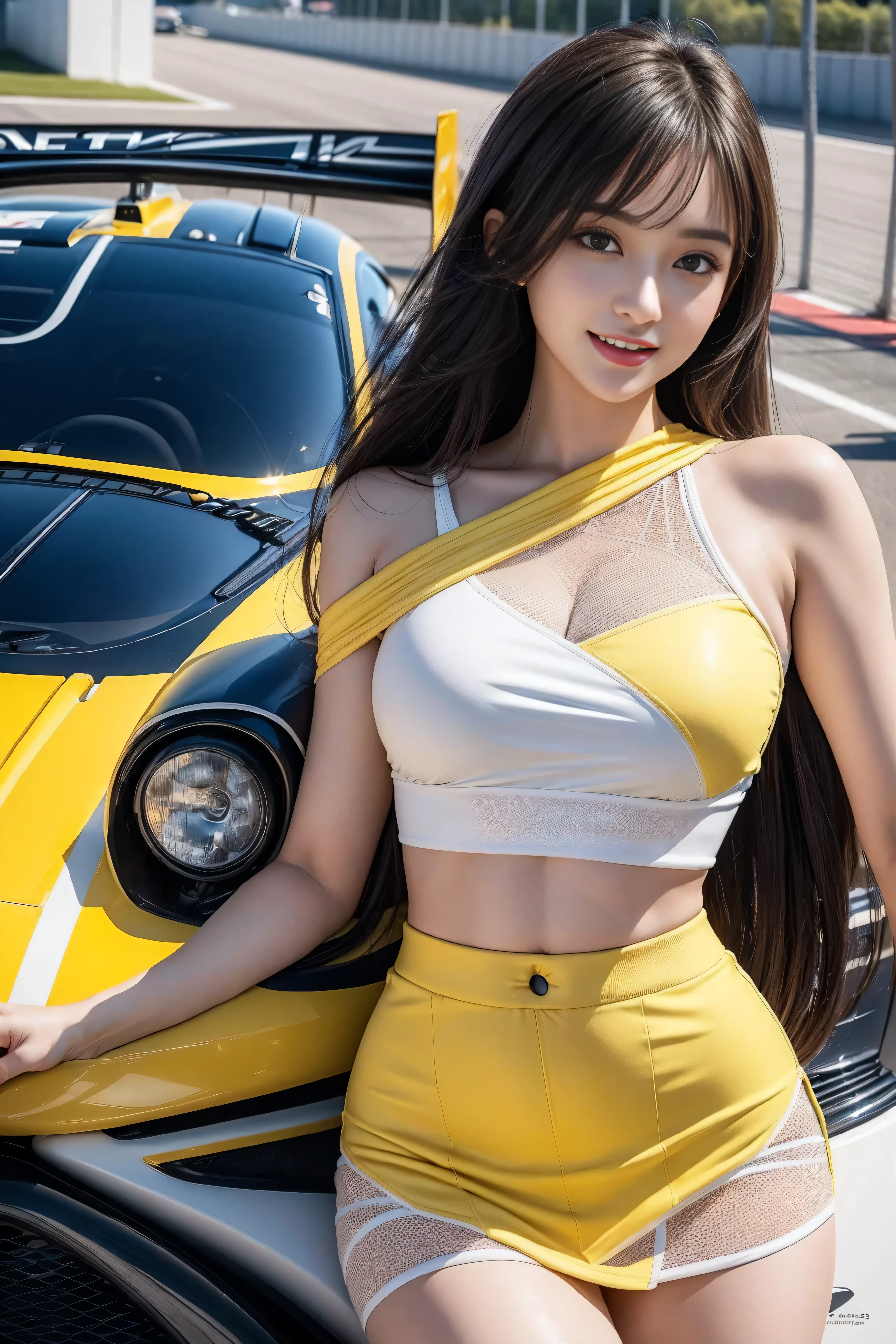 (((One shoulder mesh girls suit))),(((dynamic poses))),(((midriff peek))),(((Show lower chest ))),(((Yellow and white mini skirt lift))),(((Bare inner thighs))),(((Showcasing Formula One racing cars))),ulzzang-6500-v1.1, (original photo:1.2), (lifelike:1.4), A beautiful and delicate girl, Extremely detailed eyes and face, beautiful and delicate eyes, super detailed, high resolution, top quality, Masterpiece, Very detailed, 8k wallpaper, wonderful, Exquisite details, top quality, There is Light on the face,Light,1 girl in,(Rails),beautiful eyes,Smile,open mouth