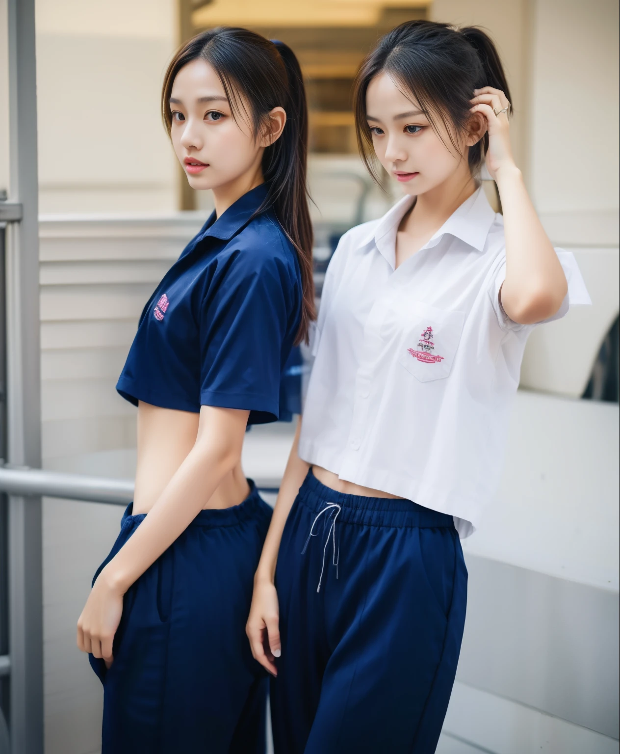 3 girls in fitness center, Navy blue short-sleeved shirt,Navy Long Trackpant,Sweatpants, Sweatpantsขายาว,25 year old girl, lesbian, sexy, exercise clothes, wet body, exercise clothes