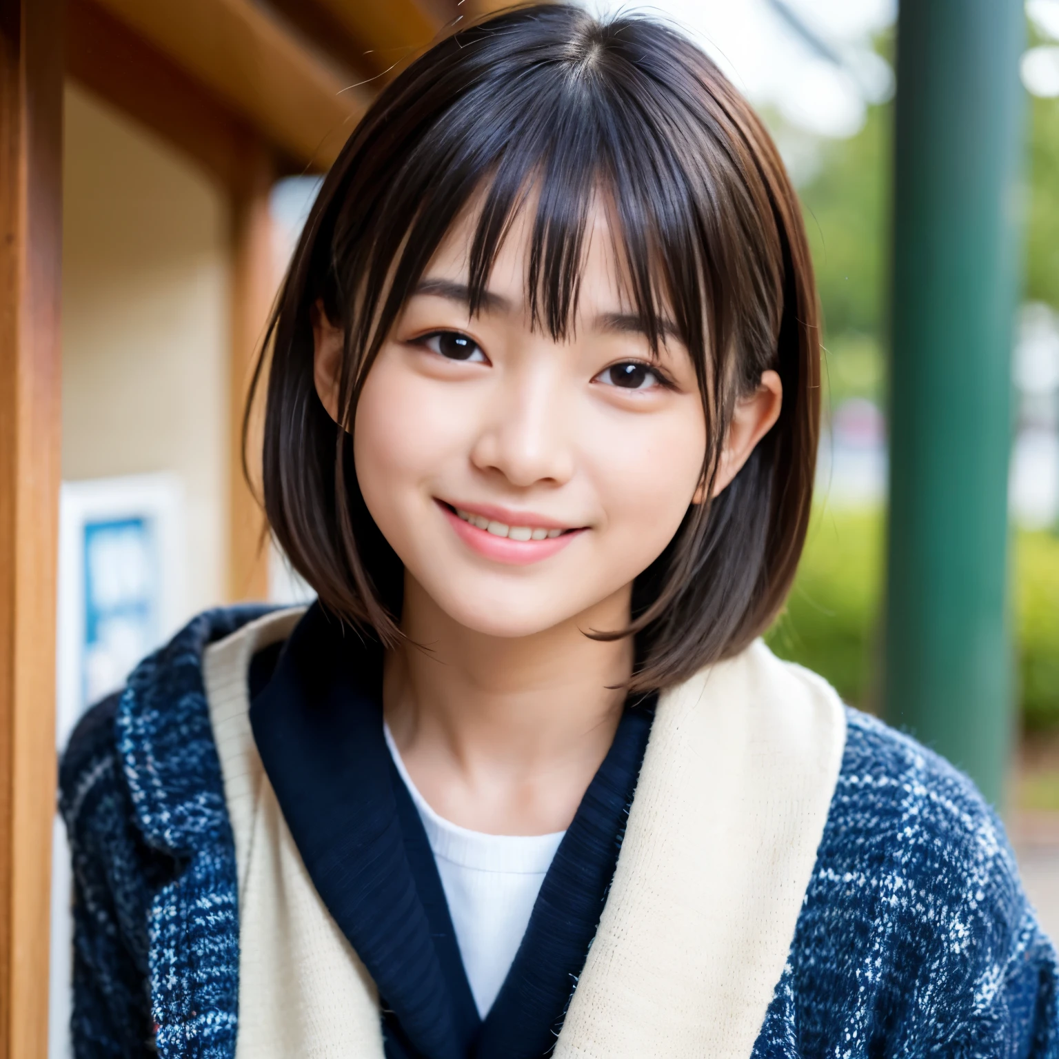 Best-quality, Masterpiece, Ultra-High-Resolution, (Photorealistic:1.4), Raw-Photo, 1girl, -yeld, thost popular Japanese idol, at Japanese-high-school, dynamic-pose, innocent-smile, (wearing only Japanese winter high-school uniform), extremely beautiful skins, extremely beautiful big-eyes, extremely cute face like the most famous Japanese idol, extremely beautiful black-short-cut-haired