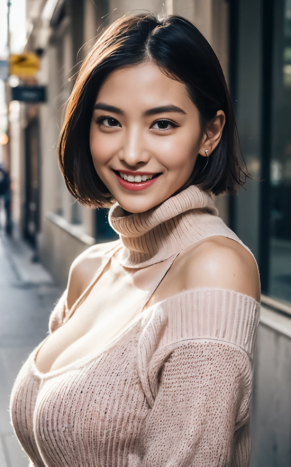 (((vulgar、Ecstatic look, Carnal body, Indecent body, perfectly proportions、expose shoulder)))、Highly detailed CG Unity 8k wallpaper, of the highest quality, masterpiece, Realistic, photographrealistic, Highly detailed beautiful woman, 42 year old,(((Bery short hair)))、((Large breasts))、cleavage , ((get sweaty)) , Round eyes, Realistic female hands、viewer, blush, Smile, ((Tall pretty woman))、Parted lips, full body photographed , ((turtleneck sweater))、((Muscle training))、 squatt、downtown、erect through、Muchimuchi、Frontal photography