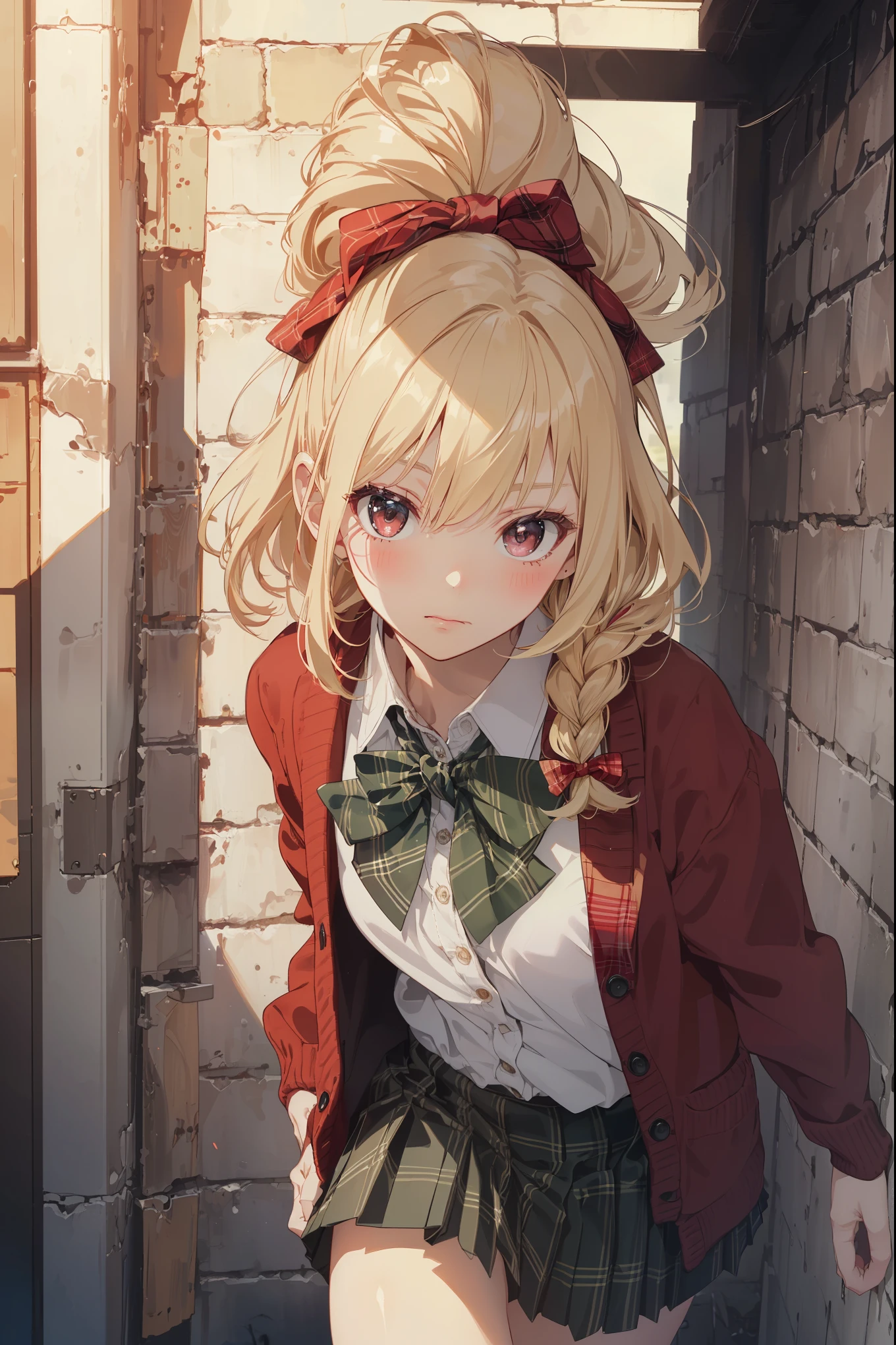 ((Masterpiece, Top Quality, High Resolution, UHD, Perfect Pixel, Depth of Field, 8k, RTX, HDR)), 1 Girl, Single, Solo, Beautiful Anime Girl, Beautiful Art Style, Rustic Anime Character, ((One Legs Bob, Medium Hair, Bangs, Blonde Hair Braids: 0 .5))), ((Deep Red Deep Red Color Eyes: 1.4, Round Eyes, Beautiful Eyelashes, Realistic Eyes)), ((Detailed Face, Blush: 1.2)), ((Smooth Texture: 0.75, Realistic Texture: 0.65, Photo Realistic: 1.1, Anime CG Style)), Dynamic Angle, Perfect Body, (( Portrait, framed)), ((green and yellow starched bow tie, uniform, black jacket, open jacket, deep red cardigan, white shirt, black skirt, plaid skirt)), mocking, mocking, small, small raspberry, cute, very cute raspberry, Really ridiculously cute and adorable little raspberry.