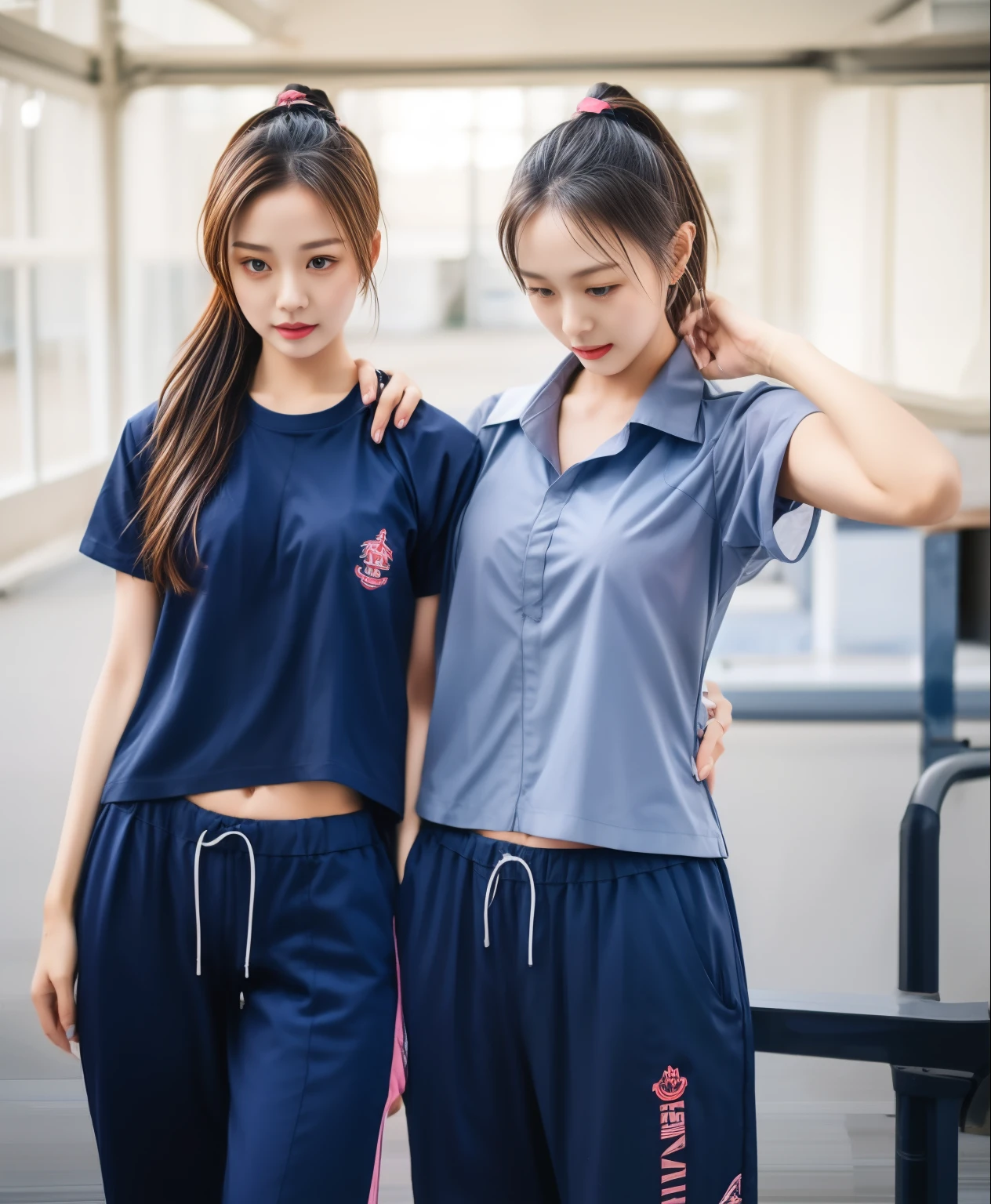 3 girls in fitness center, Navy blue short-sleeved shirt,Navy Long Trackpant,Sweatpants, Sweatpantsขายาว,25 year old girl, lesbian, sexy, exercise clothes, wet body, exercise clothes