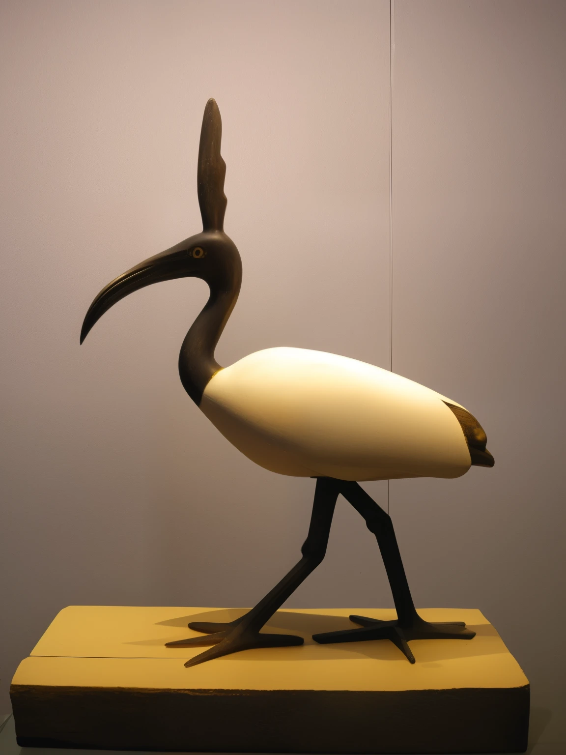 There is a statue of a bird with a long beak., anthropomorphic bird, Tote, Egyptian, Standing bird, Egyptian god, crane, Ancient, rounded beak, Ancientの枝角の神, old", brass beak, museum items, big beak, Orientalist, preserved museum pieces, museum artifacts, Exhibited at the Louvre, Egyptian art, Nubian