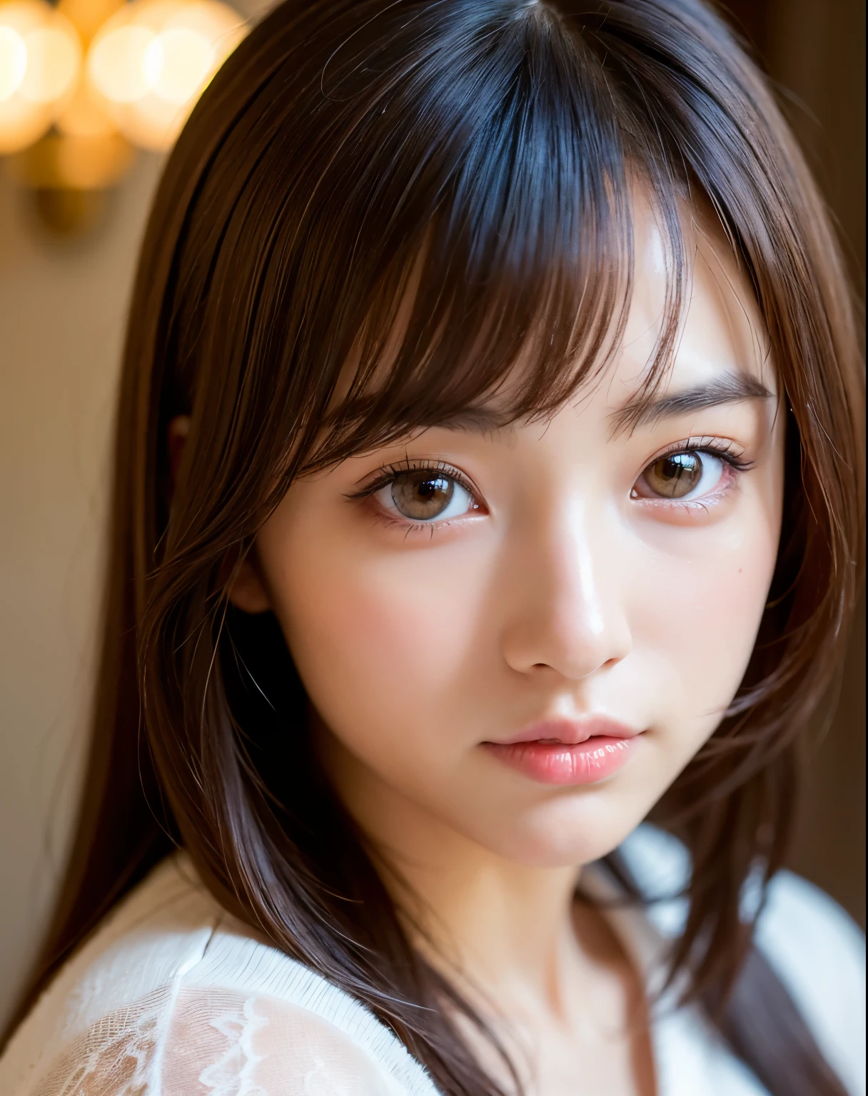 best quality, face focus, soft light, ultra high res, (photorealistic:1.4), RAW photo,
1japanese girl, solo, cute, (pupil, lights in the eyes),  detailed beautiful face, (),(high resolution detail of human skin texture),
(long hair),
indoor,
Damask Shirt Dress,
(portrait)