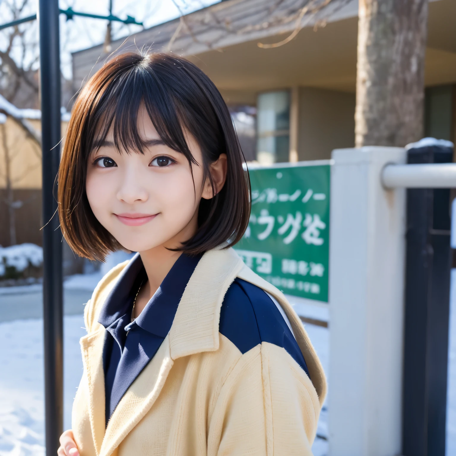 Best-quality, Masterpiece, Ultra-High-Resolution, (Photorealistic:1.4), Raw-Photo, 1girl, -yeld, thost popular Japanese idol, at Japanese-high-school, dynamic-pose, innocent-smile, (wearing only Japanese winter high-school uniform), extremely beautiful skins, extremely beautiful big-eyes, extremely cute face like the most famous Japanese idol, extremely beautiful black-short-cut-haired