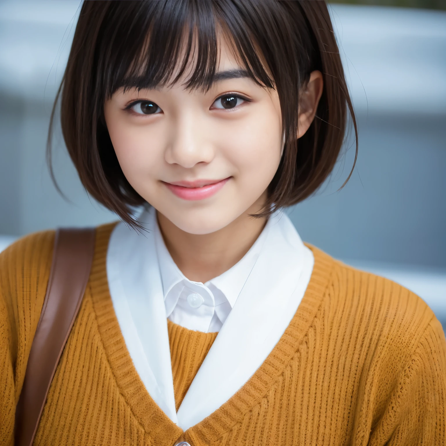 Best-quality, Masterpiece, Ultra-High-Resolution, (Photorealistic:1.4), Raw-Photo, 1girl, 15-years-old, the most popular Japanese idol, at Japanese-high-school, dynamic-pose, innocent-smile, (wearing only Japanese winter high-school uniform), extremely beautiful skins, extremely beautiful big-eyes, extremely cute face like the most famous Japanese idol, extremely beautiful black-short-cut-haired