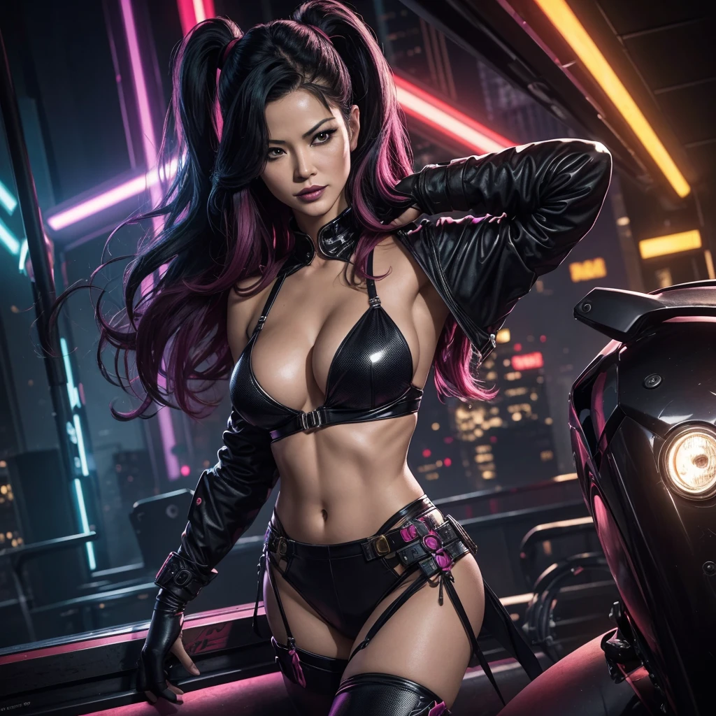 (complex two subjects) best quality,4k,8k,highres,masterpiece:1.2),ultra-detailed,(realistic,photorealistic,photo-realistic:1.37),Sofía Vergara as the sexy Joker. With her alluring charm, she embodies the mischievousness and playfulness of the character. Her eyes captivate with their mesmerizing gaze, drawing you into her world. Her detailed lips, slightly parted in a seductive smile, add to her allure. (subject 2), Kelly Hu takes on the role of Harley Quinn, exuding a distinct sense of craziness and mischief. She flirts with danger and steals the spotlight with her flirtatious expressions and exaggerated gestures. Her vibrant makeup and colorful hair reflect the colorful chaos that surrounds her. The scene is set in the immersive world of Gotham City, with its dark and brooding atmosphere. The city skyline, illuminated by the neon lights of the Joker's antics, creates a haunting backdrop. Both characters are armed with Joker weapons, showcasing their dangerous and unpredictable nature. Sofía Vergara wields an intricately designed weapon, showcasing her power and control. Kelly Hu's weapon complements her wild and unpredictable personality, adding an extra touch of chaos to the scene. The color palette leans towards vibrant and bold hues, reflecting the flamboyant and larger-than-life personalities of the characters. The lighting is dramatic, casting shadows and highlighting the characters' features, adding depth and intensity to the scene. The resulting image is a high-quality masterpiece that captures the essence of these two iconic characters, bringing them to life in a visually stunning and immersive way. (show both women, full body shot, head to toe)