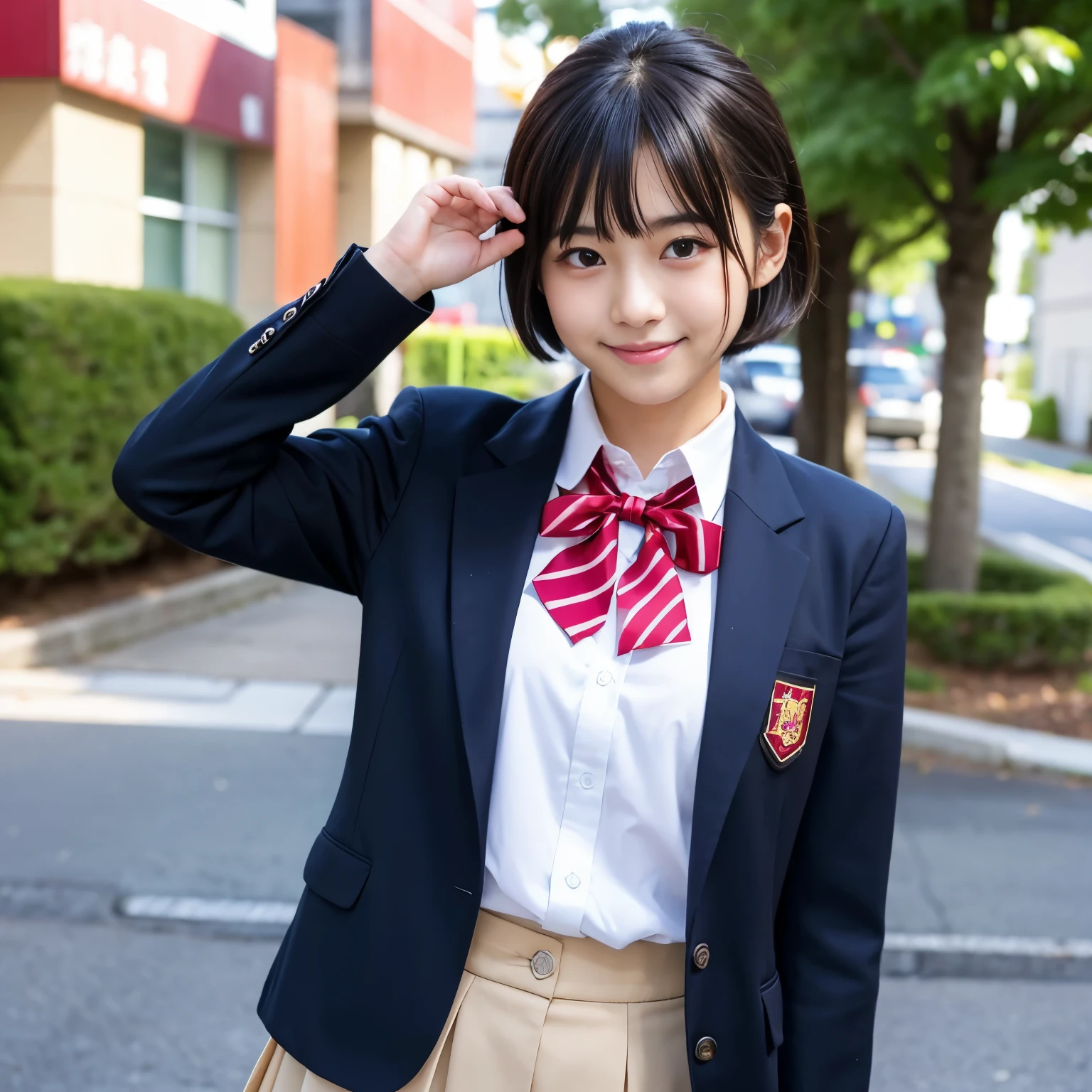 Best-quality, Masterpiece, Ultra-High-Resolution, (Photorealistic:1.4), Raw-Photo, 1girl, 15-years-old, the most popular Japanese idol, at Japanese-high-school, dynamic-pose, innocent-smile, (wearing only Japanese winter high-school uniform), extremely beautiful skins, extremely beautiful big-black-eyes, extremely cute face like the most famous Japanese idol, extremely beautiful black-short-cut-haired, extremely beautiful long-eyelashes, extremely beautiful lips, detailed Japanese-high-school-uniform