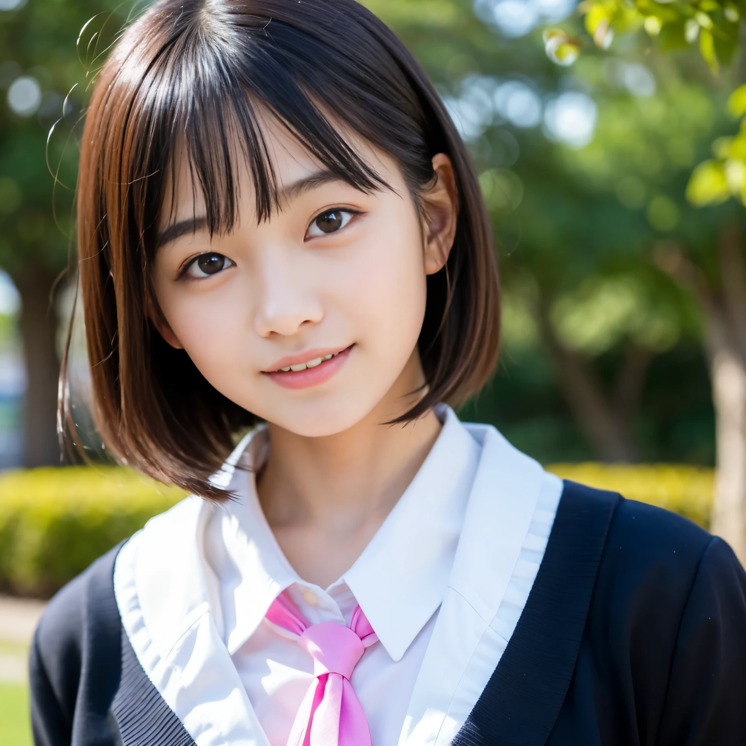 Best-quality, Masterpiece, Ultra-High-Resolution, (Photorealistic:1.4), Raw-Photo, 1girl, -yeld, thost popular Japanese idol, at Japanese-high-school, dynamic-pose, innocent-smile, (wearing only Japanese winter high-school uniform), extremely beautiful skins, extremely beautiful big-black-eyes, extremely cute face like the most famous Japanese idol, extremely beautiful black-short-cut-haired, extremely beautiful long-eyelashes, extremely beautiful lips, detailed Japanese-high-school-uniform