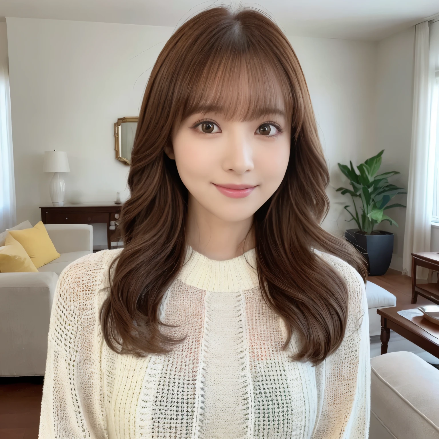 (highest quality、table top、8K、best image quality、Award-winning work)、One Yua Mikami、(The most classy long knits and :1.2)、(The smoothest and finest knit:1.2)、Shining beautiful skin、Super high detail skin that shines beautifully、(accurate anatomy:1.1)、The most classy apartment living room、The most classy living room interior、A gentle smile looking at me、Beautiful smile、(Photos above the thighs:1.1)、Standing gracefully、(standing elegantly:1.1)、Very bright and clean、(blurred background:1.1)、Portrait Photo、(low contrast:1.1)、(Draw soft and smooth:1.1)、extremely romantic、very moody、very bright、(very bright and refreshing:1.1)、Refreshing colors of youth、illuminated white skin、(The most natural and practical real furniture arrangement:1.1)、(The most classy apartment living roomに立つ:1.1)、very bright and vivid、(Real Yua Mikami's face:1.1)、(非常に詳細なReal Yua Mikami's face:1.1)、(Yua Mikami's perfect face drawn in detail:1.1)、no makeup