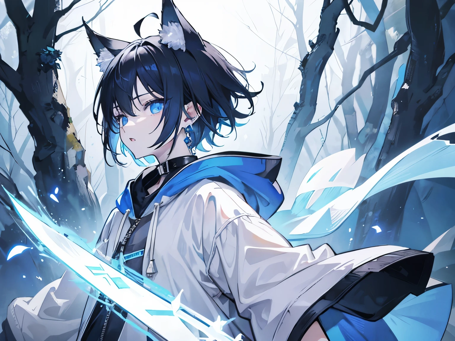 1 person、boy、black hair、short hair、earrings、wolf ears、double teeth、odd eye、blue eyes、mesh、Ahoge、Light blue hoodie、Mysterious Forest、accompanied by one white wolf、Fight with a great sword