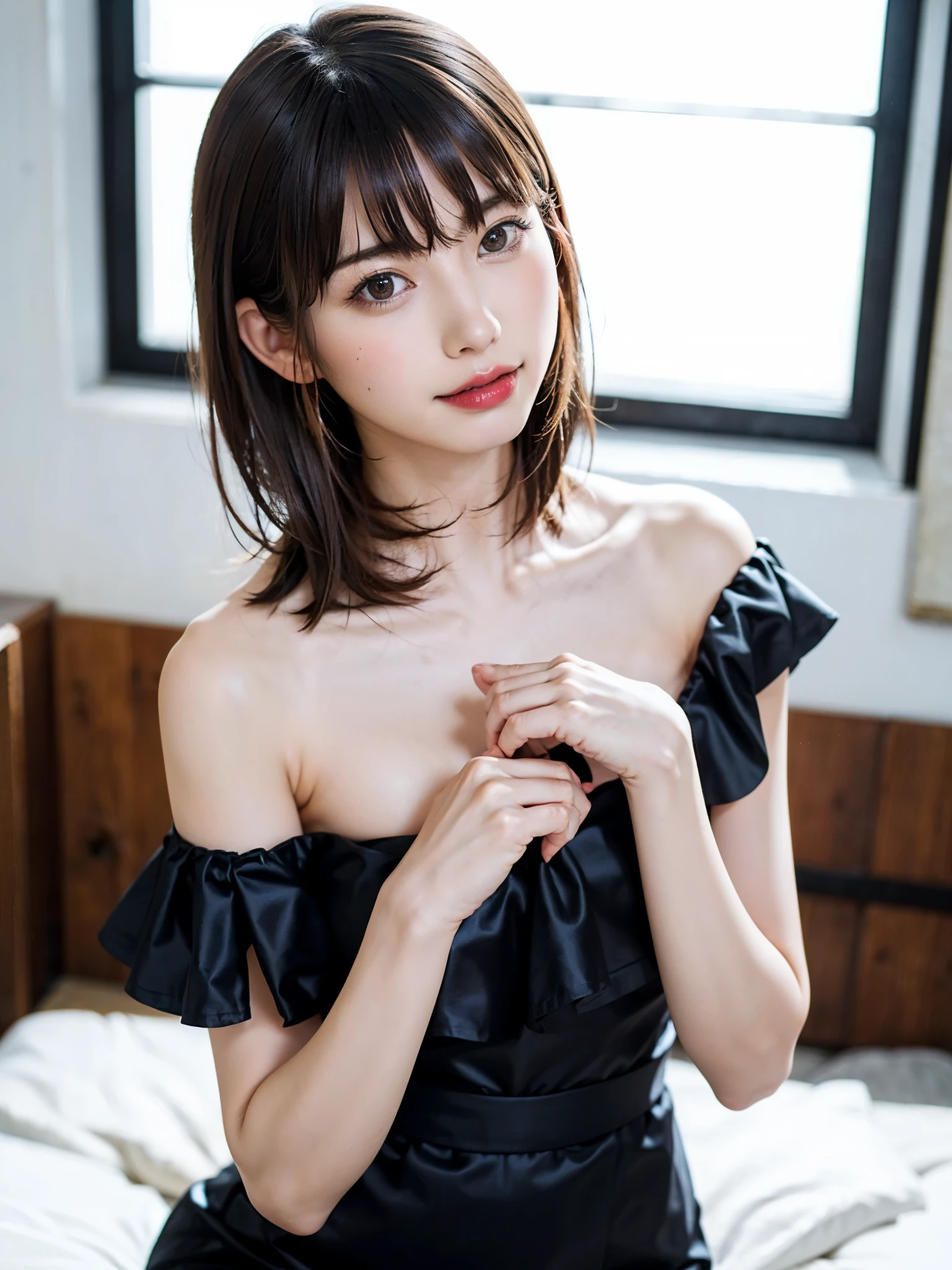 (table top, highest quality、high detail:1.4、very attractive beauty、Adds intense highlights to the eyes、look closely at the camera:1.4、Beautiful woman full of charm、ideal body proportions、perfect anatomy、brunette short bob hair、shiny hair、bangs:2、光沢のあるbangs:2、lip gloss),1 girl, Report, light brown shiny hair, scarf,realistic, looking at the viewer、Please tilt your head slightly, bright colored crystal light blue eyes, short and shiny hair、 chest中央に穴の開いた白いタートルネックの衣装,chestの真ん中に丸い穴のあるセクシーな白いタートルネック ニット セーター、 lips, lip gloss, Upper body、Big eyes、eyelash、face is a little red、embarrassing)、((italian road in winter))、((short hair with Big eyess、Give students very powerful highlights、{Huge|big|Hugeな|mega} chest:2、very bigger chest:2、look at the audience、very beautiful beauty、show me your ears、long neck、smile a little、beautiful teeth、open your mouth and smile、heart shaped eyes))、28 years old、very cute super model、portrait:2、close your face:2