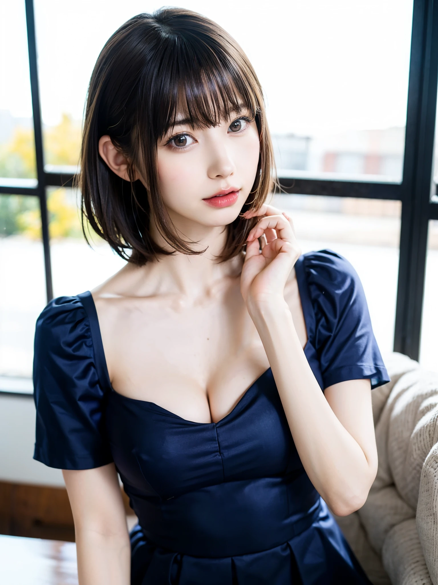 (table top, highest quality、high detail:1.4、very attractive beauty、Adds intense highlights to the eyes、look closely at the camera:1.4、Beautiful woman full of charm、ideal body proportions、perfect anatomy、brunette short bob hair、shiny hair、bangs:2、光沢のあるbangs:2、lip gloss),1 girl, Report, light brown shiny hair, scarf,realistic, looking at the viewer、Please tilt your head slightly, bright colored crystal light blue eyes, short and shiny hair、 chest中央に穴の開いた白いタートルネックの衣装,chestの真ん中に丸い穴のあるセクシーな白いタートルネック ニット セーター、 lips, lip gloss, Upper body、Big eyes、eyelash、face is a little red、embarrassing)、((italian road in winter))、((short hair with Big eyess、Give students very powerful highlights、{Huge|big|Hugeな|mega} chest:2、very bigger chest:2、look at the audience、very beautiful beauty、show me your ears、long neck、smile a little、beautiful teeth、open your mouth and smile、heart shaped eyes))、28 years old、very cute super model、portrait:2、close your face:2