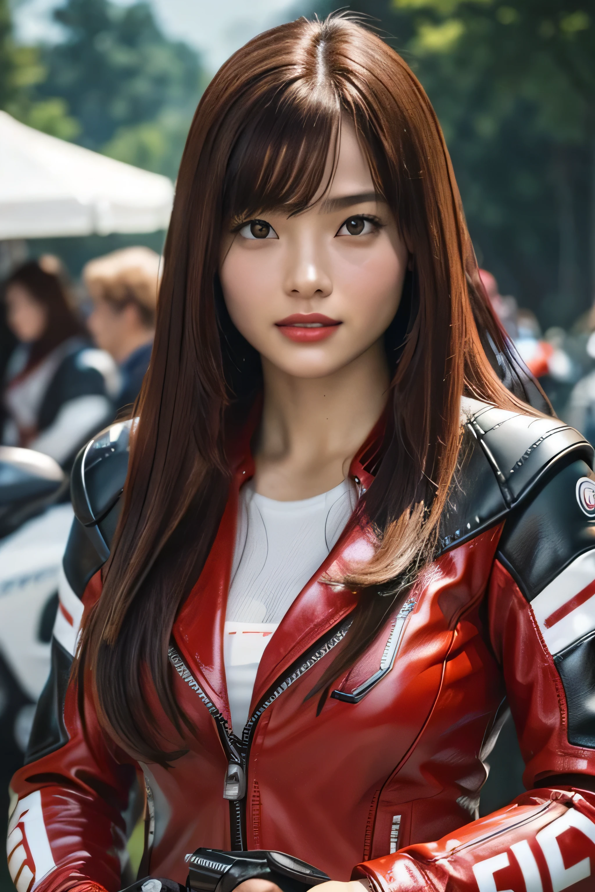 8K,ultra high resolution,highest quality、masterpiece、ultra high resolution、(photo-realistic:1.4)、(1 girl)、(ride a motorcycle)、long sleeve、(Leather Red&Sexy Racing Suit in White)、(red long hair)、(wet hair)、ultra detailed human face、ultradetailed teeth、red lipstick、circuitry、race bike、Charm,big and full breasts,captivating gaze,riding on motorcycle,my chest is open,wear a full face,