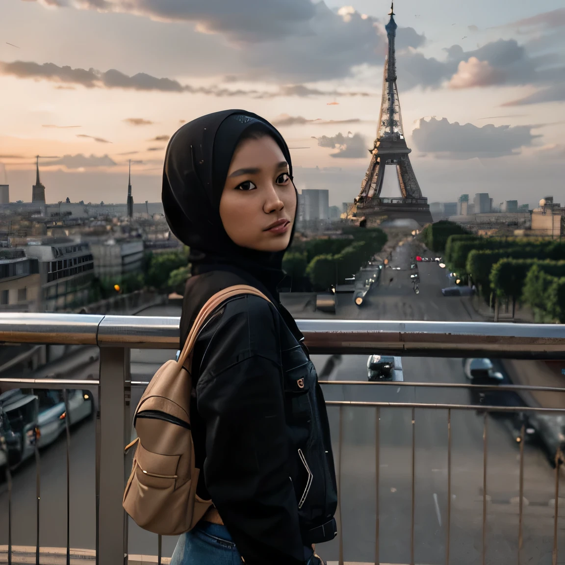 Beautiful Indonesian woman wearing a Sundanese hijab (34 years old, oval and clean face, slanted eyes, ideal body, straight and neat black hair, Indonesian skin, wearing a trucker jacket and backpack, standing pose, photography style photo facing forward, face visible, view of the Eiffel Tower right behind her, lights on around the street and city, standing somewhere on the Paris Bridge, the atmosphere is approaching sunset bright, ultra HD atmosphere, original photo, high detail, ultra sharp, 18mm lens, realistic, photography, Leica camera
