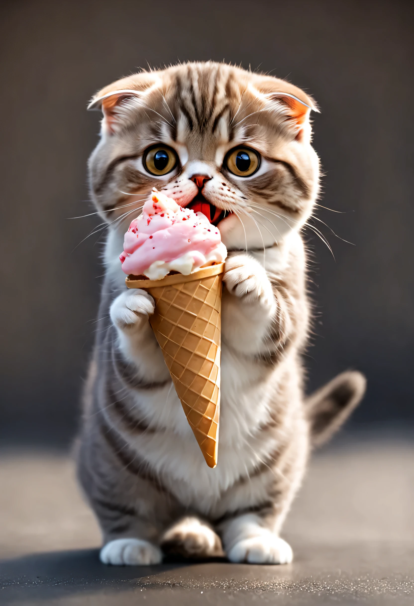 Adorably holding ice cream in hand、High quality image of Scottish Fold cat art standing on two legs and eating.