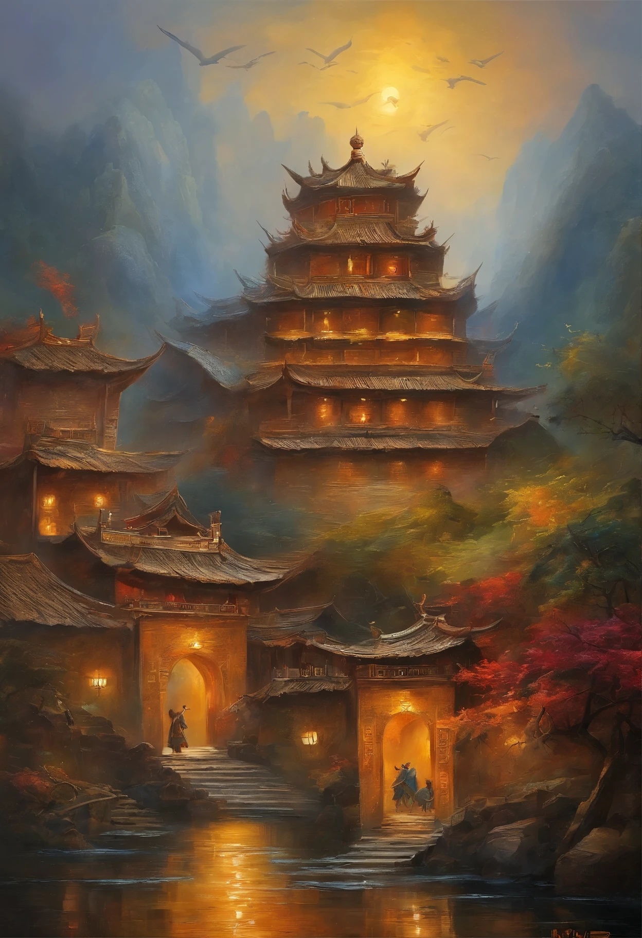 Chinese dragon soars in the sky,The bustling city under the dome,people dancing,Everyone looked happily at the ancient buildings,The golden sun shines on everyone,Ancient Tang style,flourishing,Texture,HD quality,A wonderful feeling of déjà vu,Reasonable vista composition