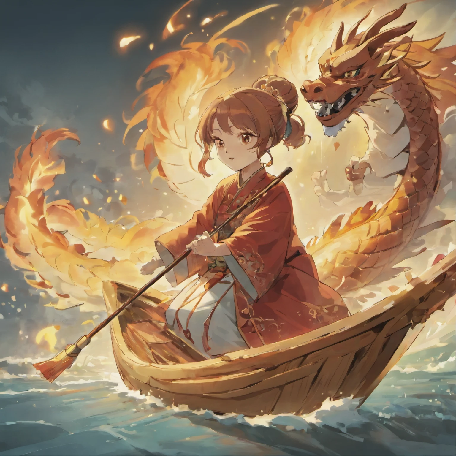 Chinese traditional festivals,dragon boats(Chinese illustration:1.3,Chinese elements),( Reasonable design, clear lines, high definition,best quality, Very detailed, masterpiece, Lighting effects, 4K )