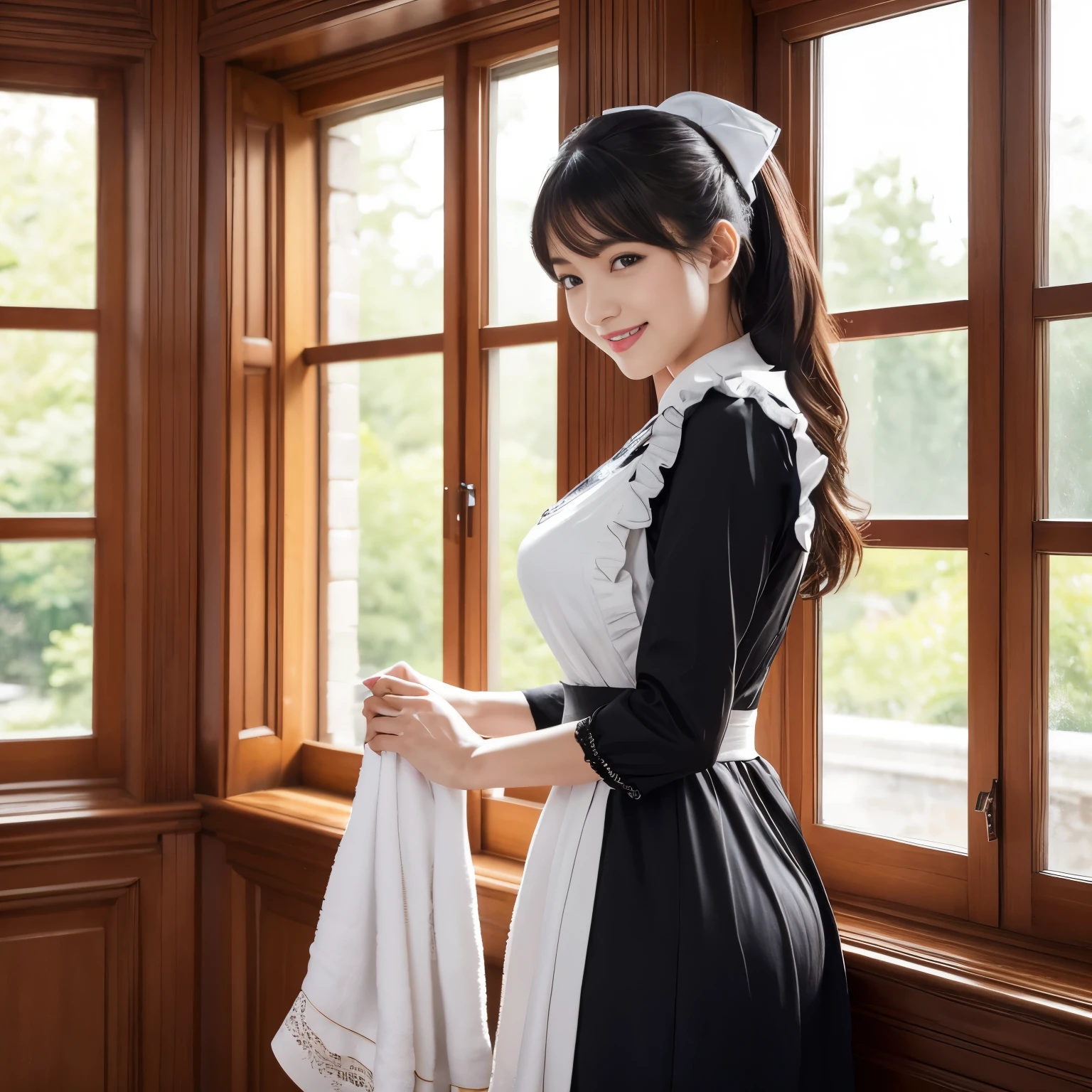 (highest quality、masterpiece、ultra high resolution、8K、Award-winning work)、1 beautiful maid、35 year old beautiful maid、victorian maid, black and white maid uniform、Maid clothes with frills、big apron maid uniform、Maid outfit with a big apron、luxury maid clothes、long skirt, victorian maidコスチューム、Beautiful maid's upper body photo、Wearing maid clothes、Top quality windows with luxurious decoration、elegant and luxurious windows、The most natural and practical furniture arrangement、The most natural and accurate furniture arrangement、Huge window with tasteful decoration、The background is a room in a large mansion、Detailed interior of luxury mansion、Very large room、very elegant mansion、emphasize body line、big breasts、A smile staring at me、very delicate and beautiful depiction、very detailed depiction、Very bright、Bright and refreshing、vivid、Shining beautiful skin、blurred background、Portrait Photo、(clean the windows:1.2)、(cleaning the window with a towel:1.3)