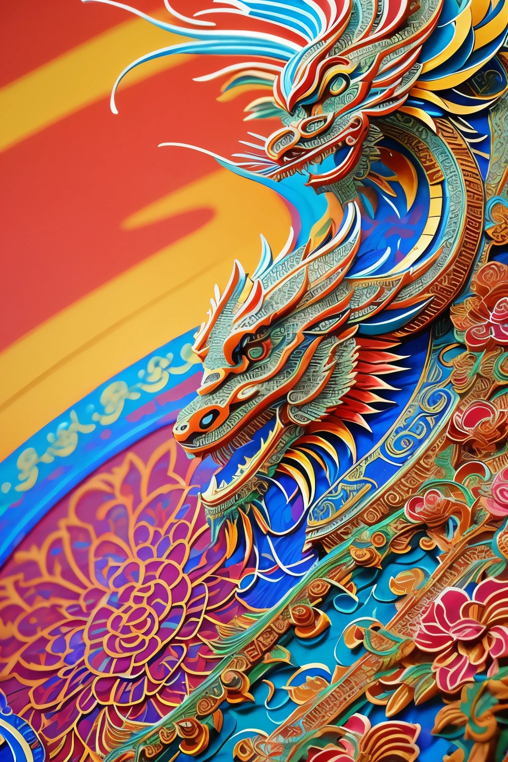 Chinese dragon paper-cut art, intricately detailed, (vibrant colors:1.2), (delicate lines:1.3), HDR, (hyperdetailed:1.1), cinematic close-up, masterpiece, traditional craft, ancient art form, intricate patterns, dynamic pose, paper seamlessly layered, dramatic lighting, rich culture, vibrant and lively, intricate details brought to life, captivating and Beautiful, Chinese heritage, artisanal, elaborate design.