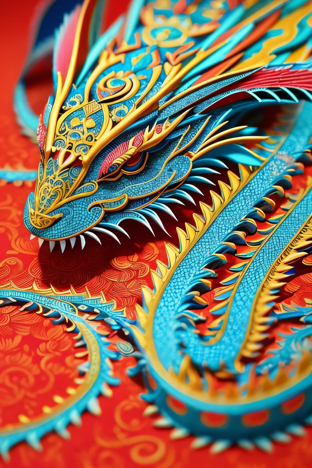 Chinese dragon paper-cut art, intricately detailed, (vibrant colors:1.2), (delicate lines:1.3), HDR, (hyperdetailed:1.1), cinematic close-up, masterpiece, traditional craft, ancient art form, intricate patterns, dynamic pose, paper seamlessly layered, dramatic lighting, rich culture, vibrant and lively, intricate details brought to life, captivating and Beautiful, Chinese heritage, artisanal, elaborate design.