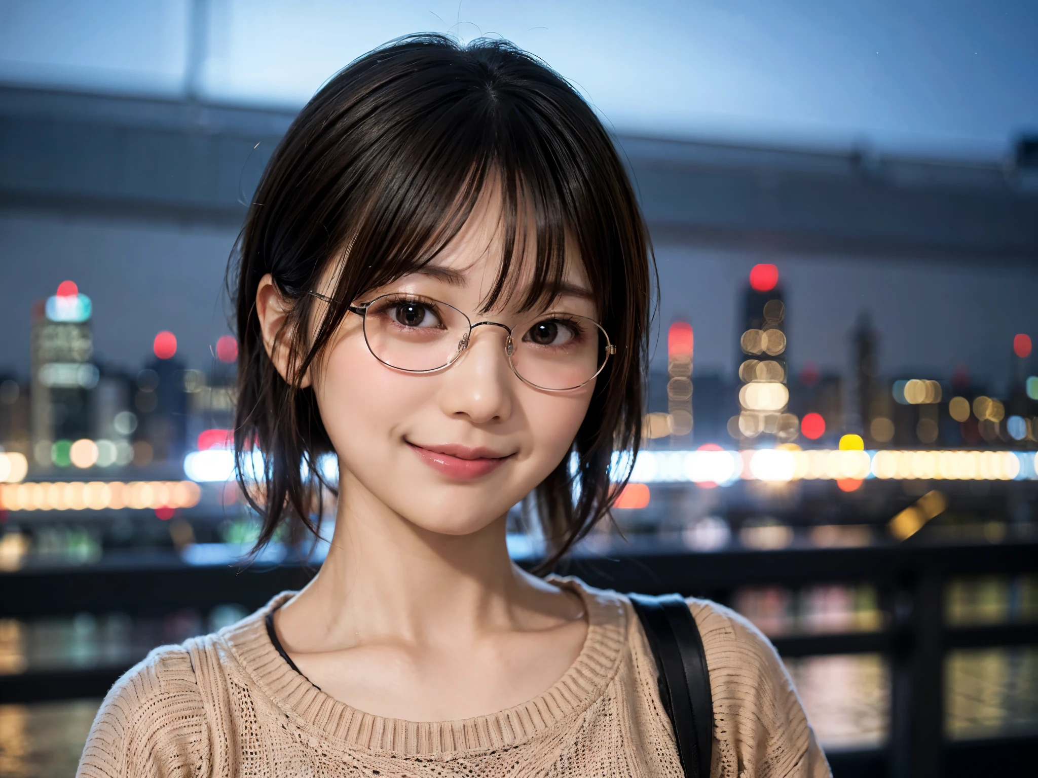 Japan girls in casual clothes、pay attention to the audience、Tokyo cityscape at night、(highest quality、master masterpiece)))、HD Fine、very detailed、master masterpiece、movie lighting、(8K、highest quality、master masterpiece:1.2)、(realistic、Photoreal:1.37) High resolution、Super detailed、woman wearing glasses、silent expression、round glasses、Asian, cute, cute顔, alone, short hair 1.2, rough skin, Beautiful smile, Beautiful and detailed night sky, night view, movie lighting, written boundary depth, lens flare light、On a date、(blush your nose)、、(closed your mouth)small breasts、beautiful details eyes、(sweater:1.1)、(short hair:1.2)、floating hair nova frog style、