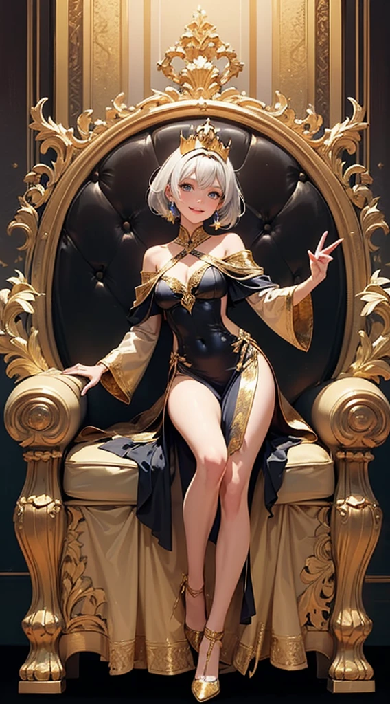 gold and silver full body suit、smile、very short hair,perfect legs、Perfect five-finger、Lots of gold coins、A background filled with many crowns, tiaras, chalices, and gold and silver treasures