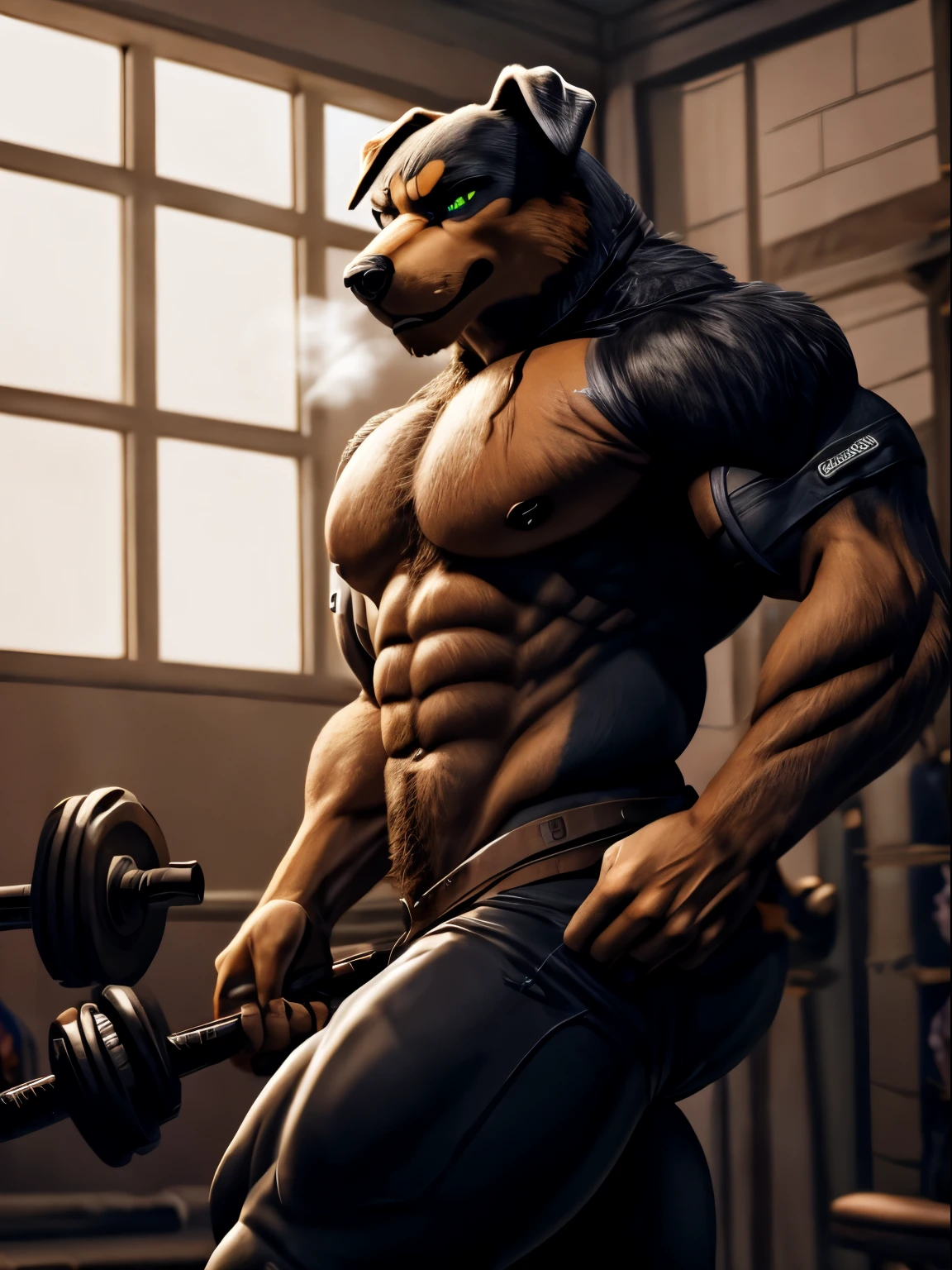 rottweiler, extremely muscular strong body, fluffy fur, (floppy ears), (shirtless, wears leggings), green eyes, (breathing heavily, sweating), detailed gym background, perfect lighting 