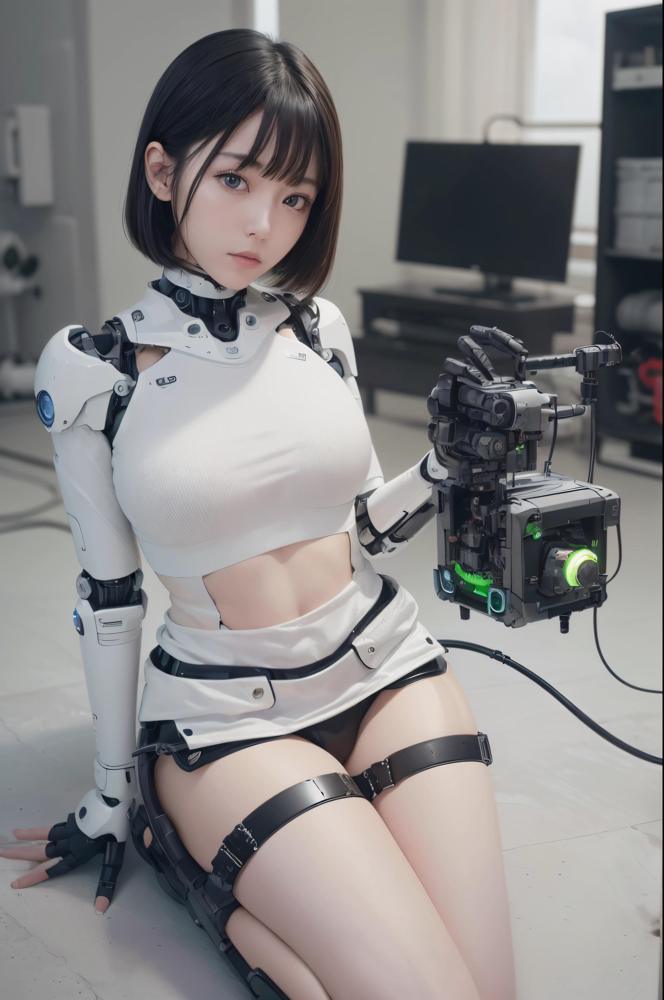 masterpiece, best quality, extremely detailed, (photorealistic:1.4), (RAW photo) (RAW photo) (8K, 4K, Best Quality, hight resolution, 超A high resolution:1.1), (masutepiece, Realistic, Photorealsitic:1.1), 1girl in, Japaese Cyborg girl,Plump , control panels,android,Droid,Mechanical Hand, Robot arms and legs, Black Robot Parts,Black hair,Mechanical body,Blunt bangs,White robotics parts,perfect robot girl,future laboratory,cyber pank,charging spot,laboratory,long tube,thick cable connected her neck,ceramic body ,mechanical body, ear antenna,mechanical ear cover, black leggings,mechanical costume,android,robot,humanoid,cyborg,japanese ager android ,mechanical chest,full eyes